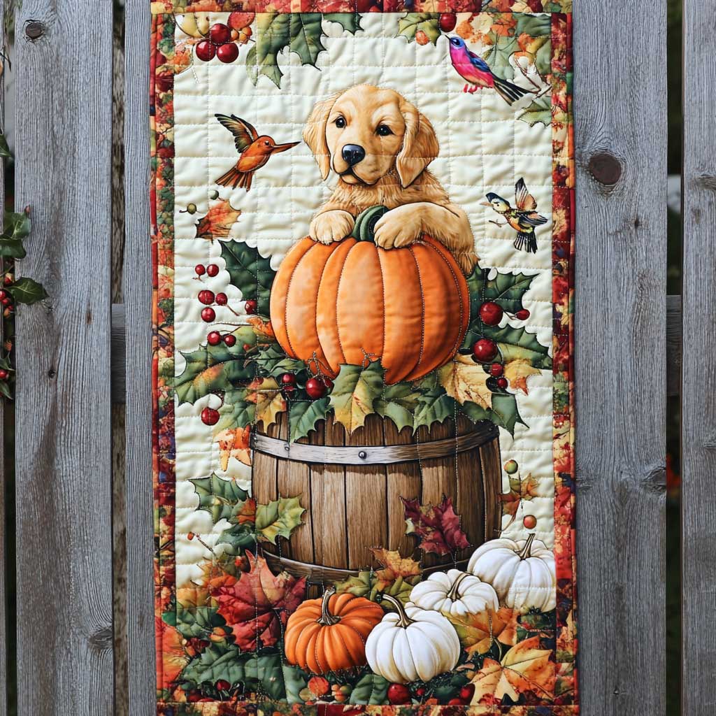 Golden Retriever Pumpkin Hug Quilted Table Runner Fall Gifts For Golden Retriver Lovers Owners