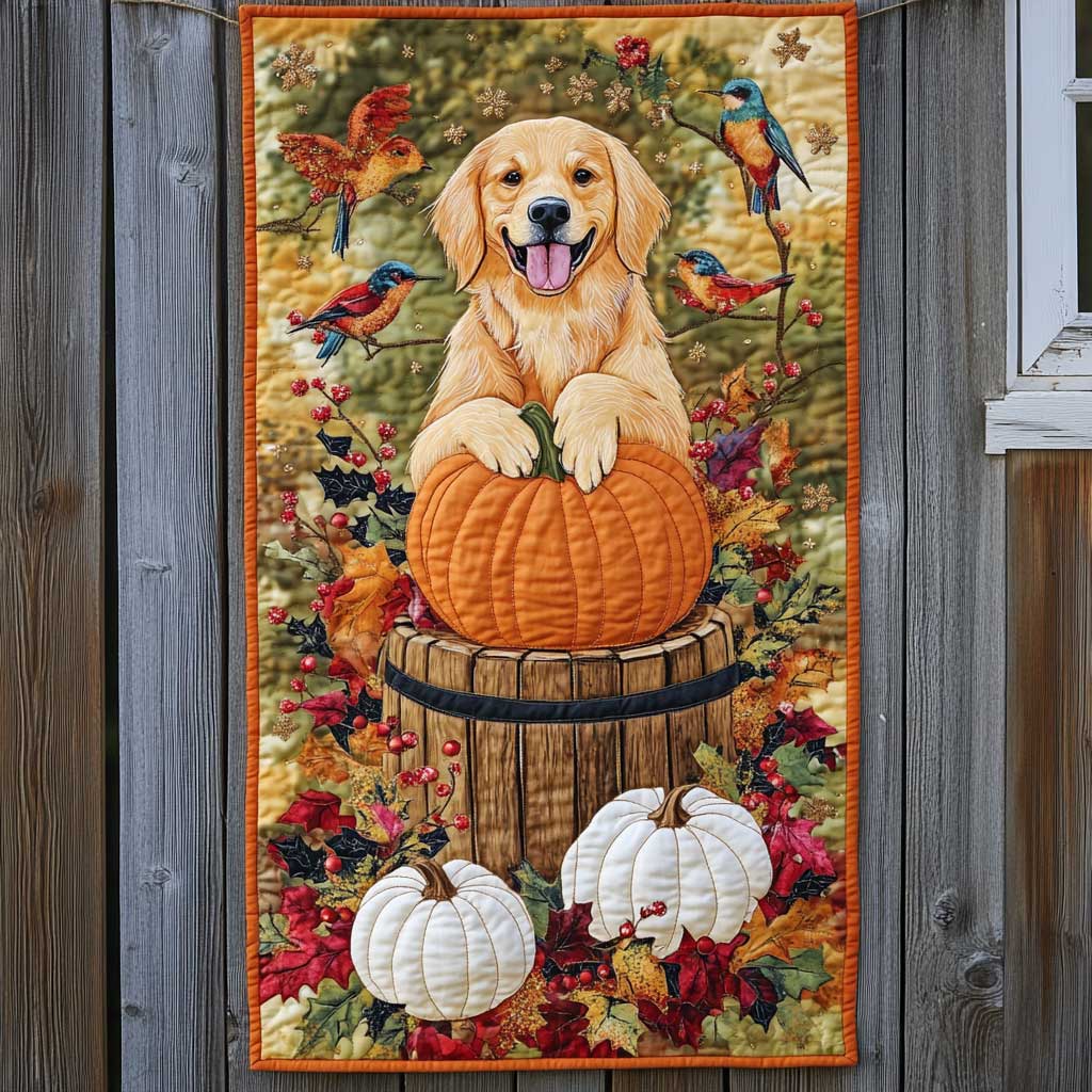 Golden Retriever Snuggle Pumpkin Quilted Table Runner Fall Gifts For Golden Retriver Lovers Owners