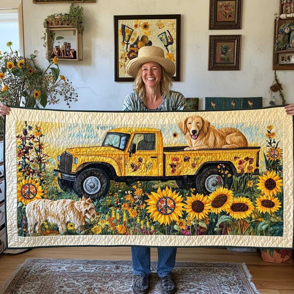 Golden Retriever Sunflower Road Quilted Table Runner Best Christmas Gifts For Dog Lovers