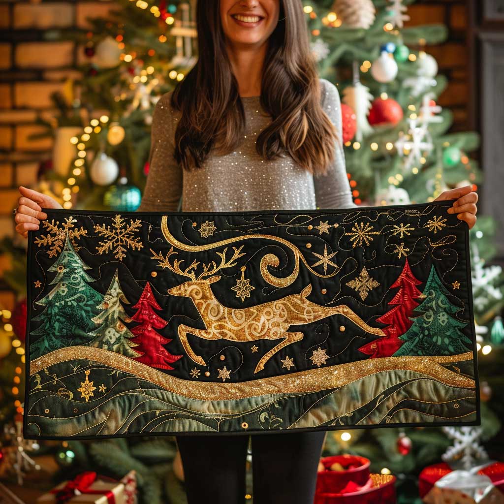Golden Santa Reindeer Christmas Quilted Table Runner Holiday Christmas Table Indoor Home Decorations Presents