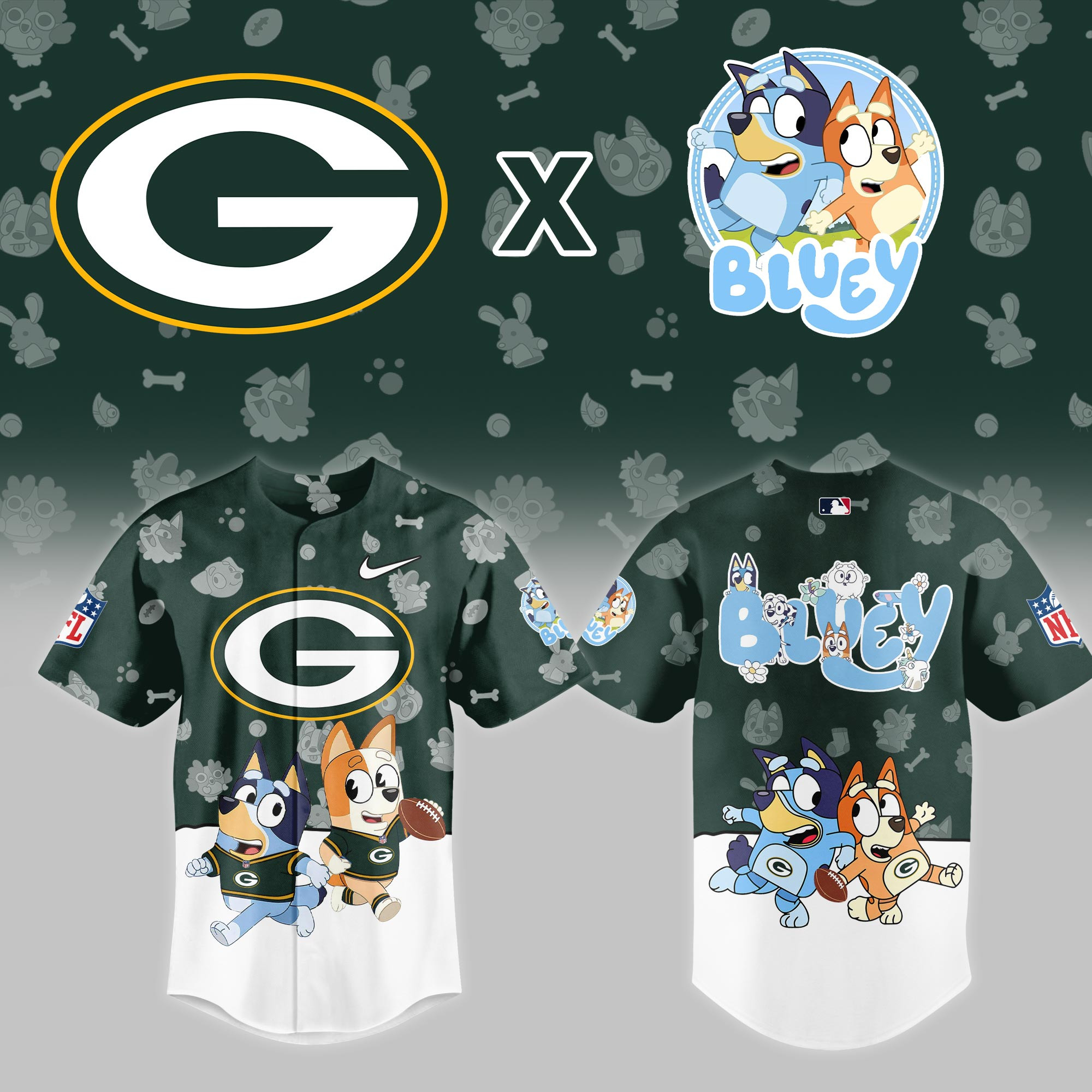 Green Bay Packers Nfl X Bluey Night Baseball Jersey For Fans