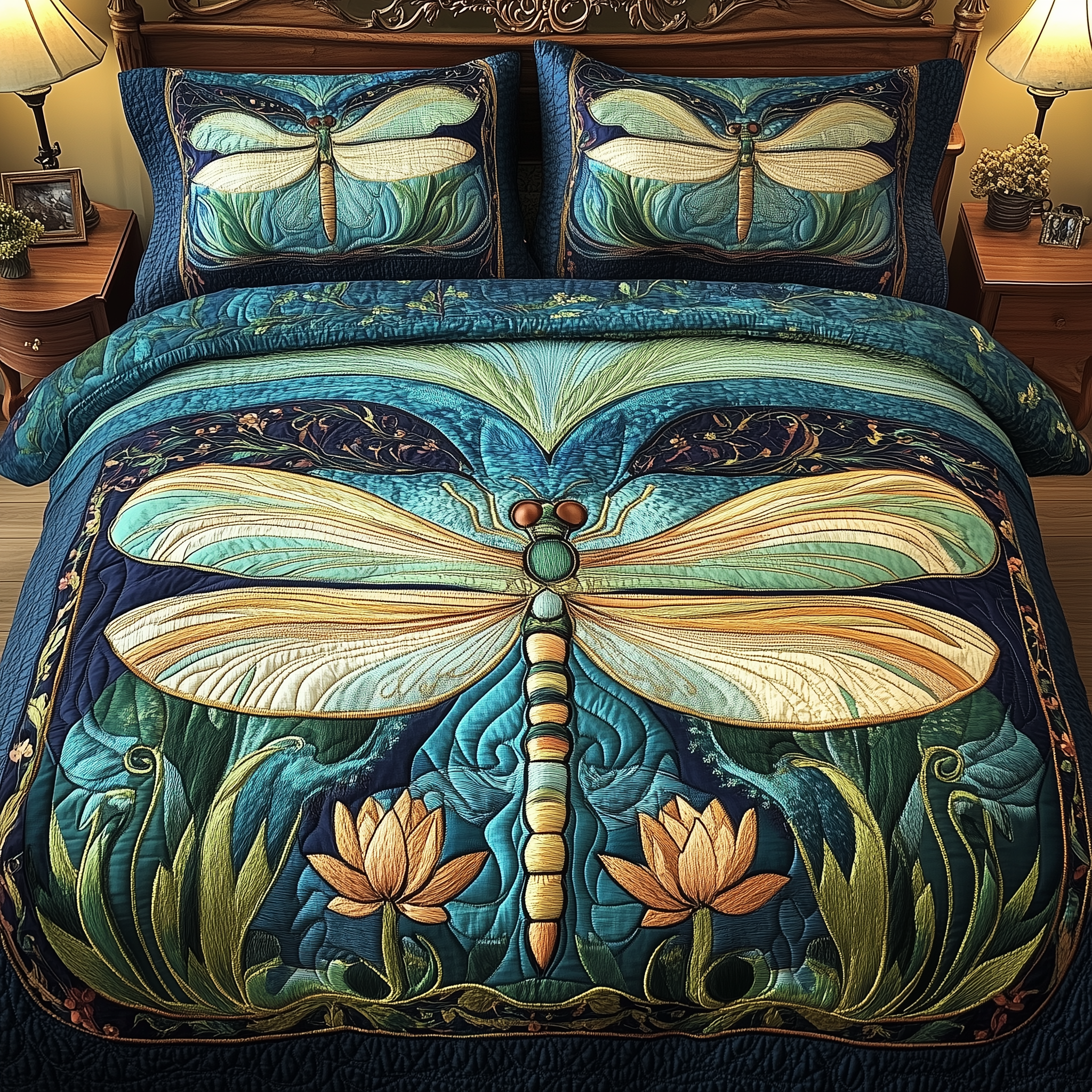 Guardian Of The Pond Quilted Bedding Set Dragonfly Duvet Cover Mother's Day Gifts For Wife