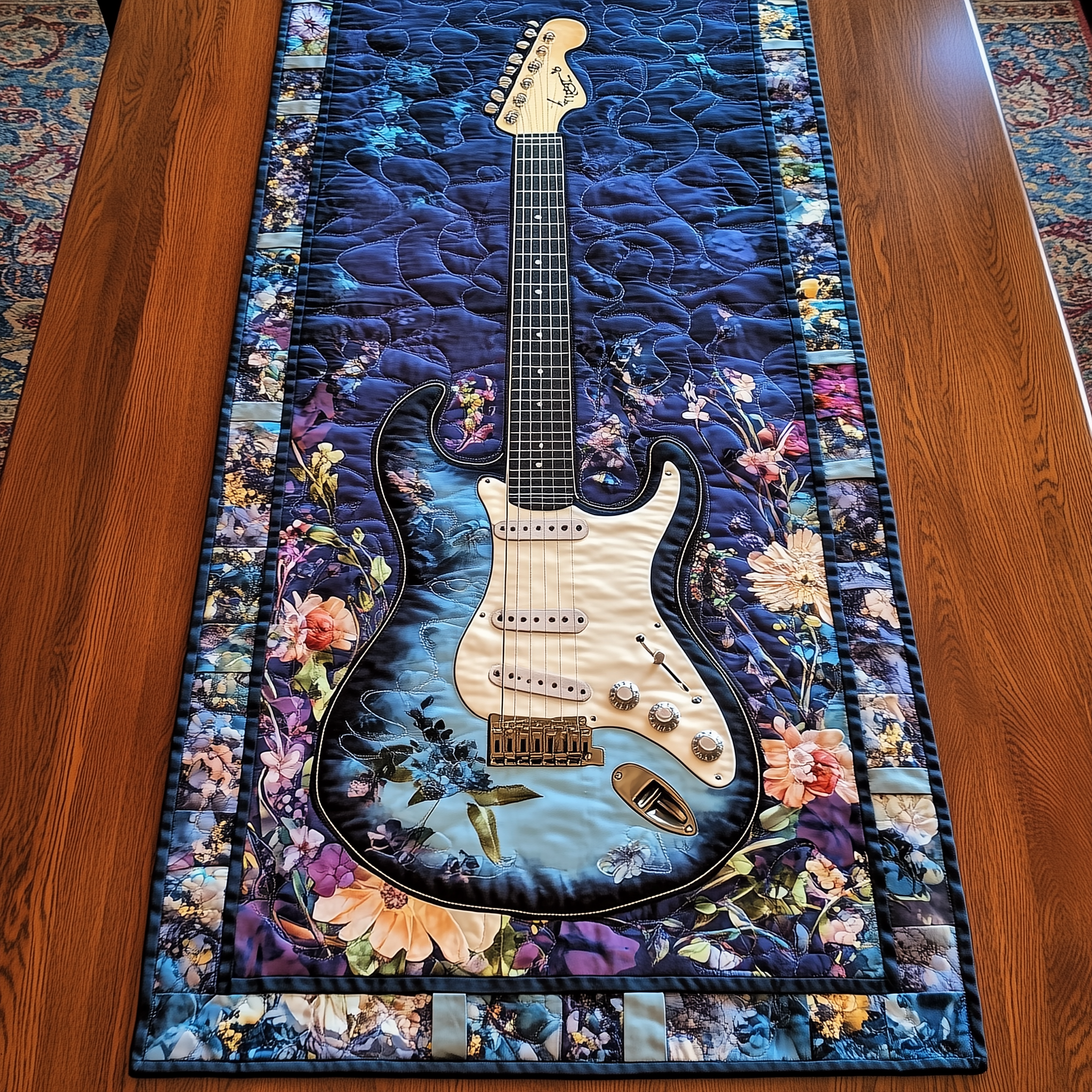 Guitar Blue Quilted Table Runner A Stylish Design for Music Enthusiasts