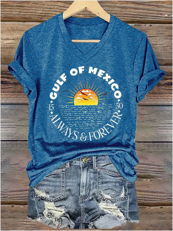 Gulf Of Mexico Always And Forever V-neck T-Shirt Deport Elon Anti Trump Merch Gifts For Best Friend