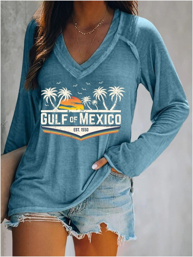 Gulf Of Mexico Est 1550 V-neck Long Sleeve T-Shirt Anti Trump Political Apparel Gifts For Sister