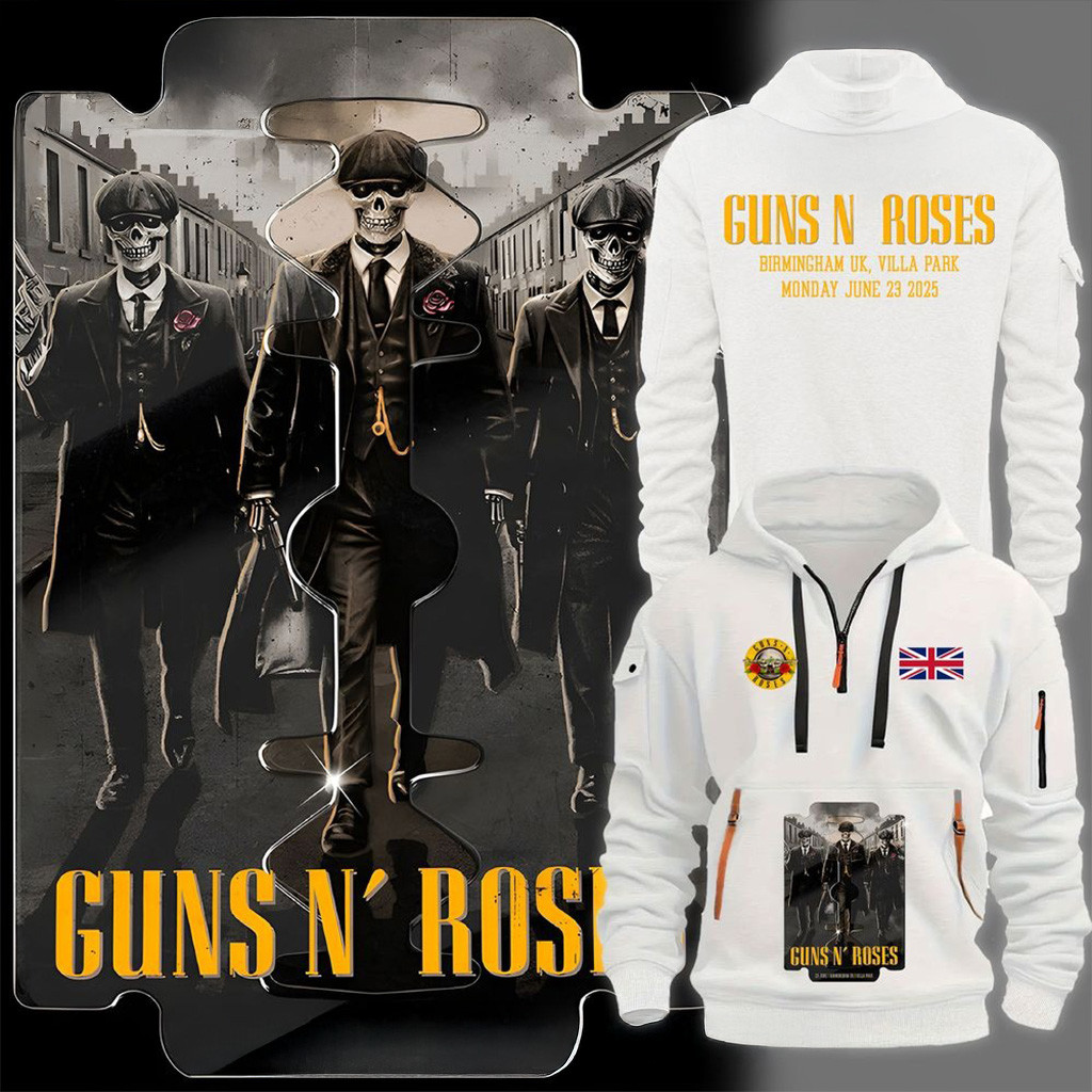 Guns N Roses World Tour To Birmingham 2025 White Quarter Zip Hoodie Guns N Roses Merch
