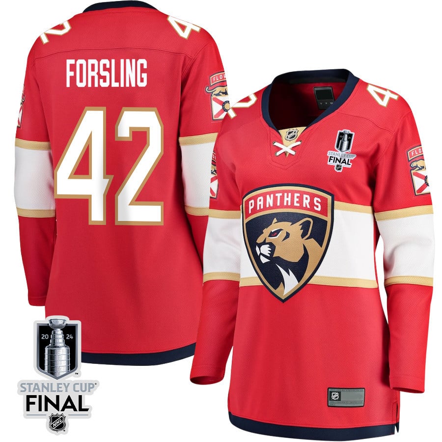 Gustav Forsling 42 Florida Panthers 2024 STANLEY CUP Final Women's Home Breakaway Jersey - Red - JS262