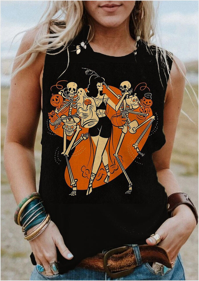 Halloween Pin Up Girl Tank Top Halloween Vintage Clothes Skeleton T-Shirt Best Friend Gifts