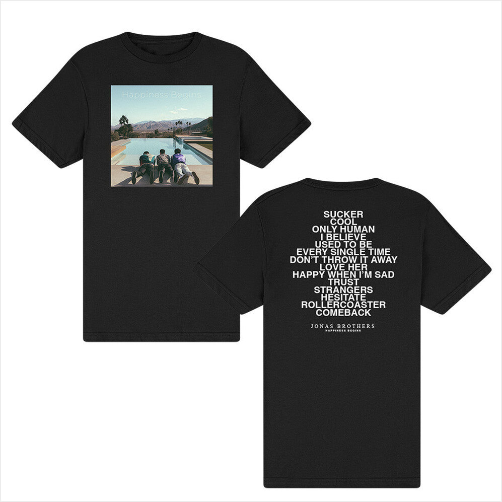 Happiness Begins Black T-Shirt Jonas Brothers Merch Gifts For Husband Birthday Gift Ideas