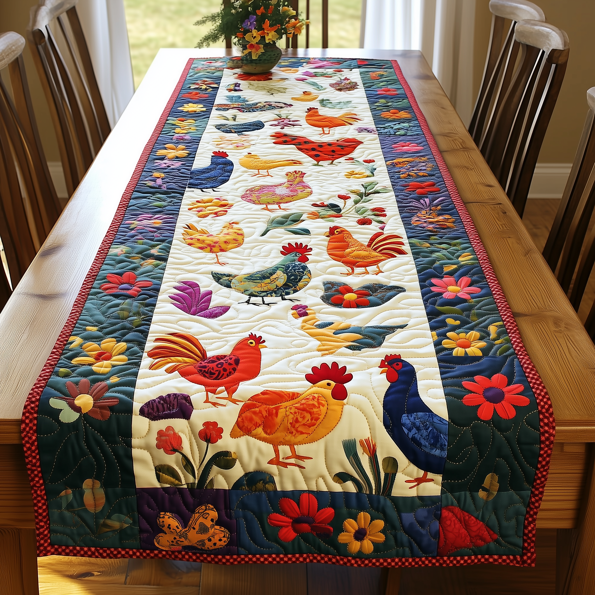 Happy Chickens Quilted Table Runner Add a Playful Touch of Cheer with Happy Chickens for Your Table