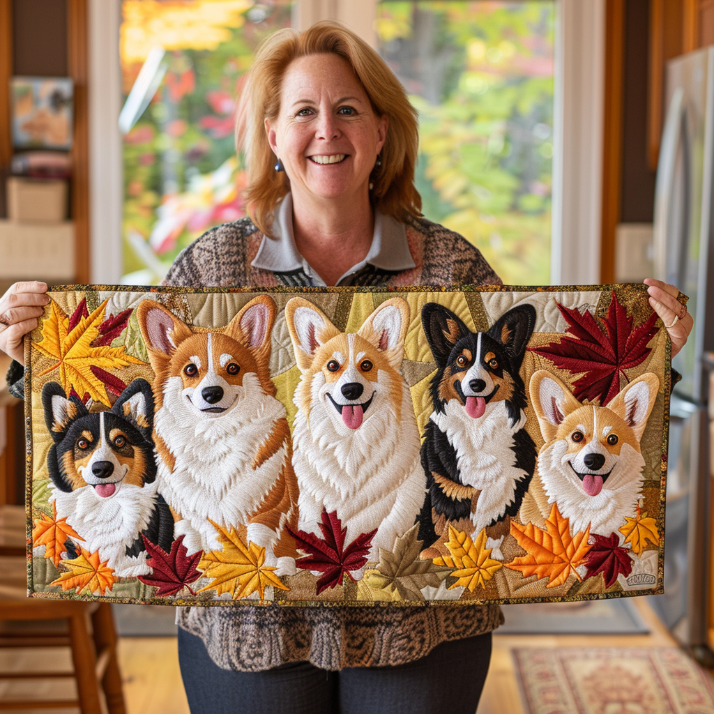 Happy Corgi Autumn Quilted Table Runner Decorations Merchandise Stuff Corgi Dog Gifts