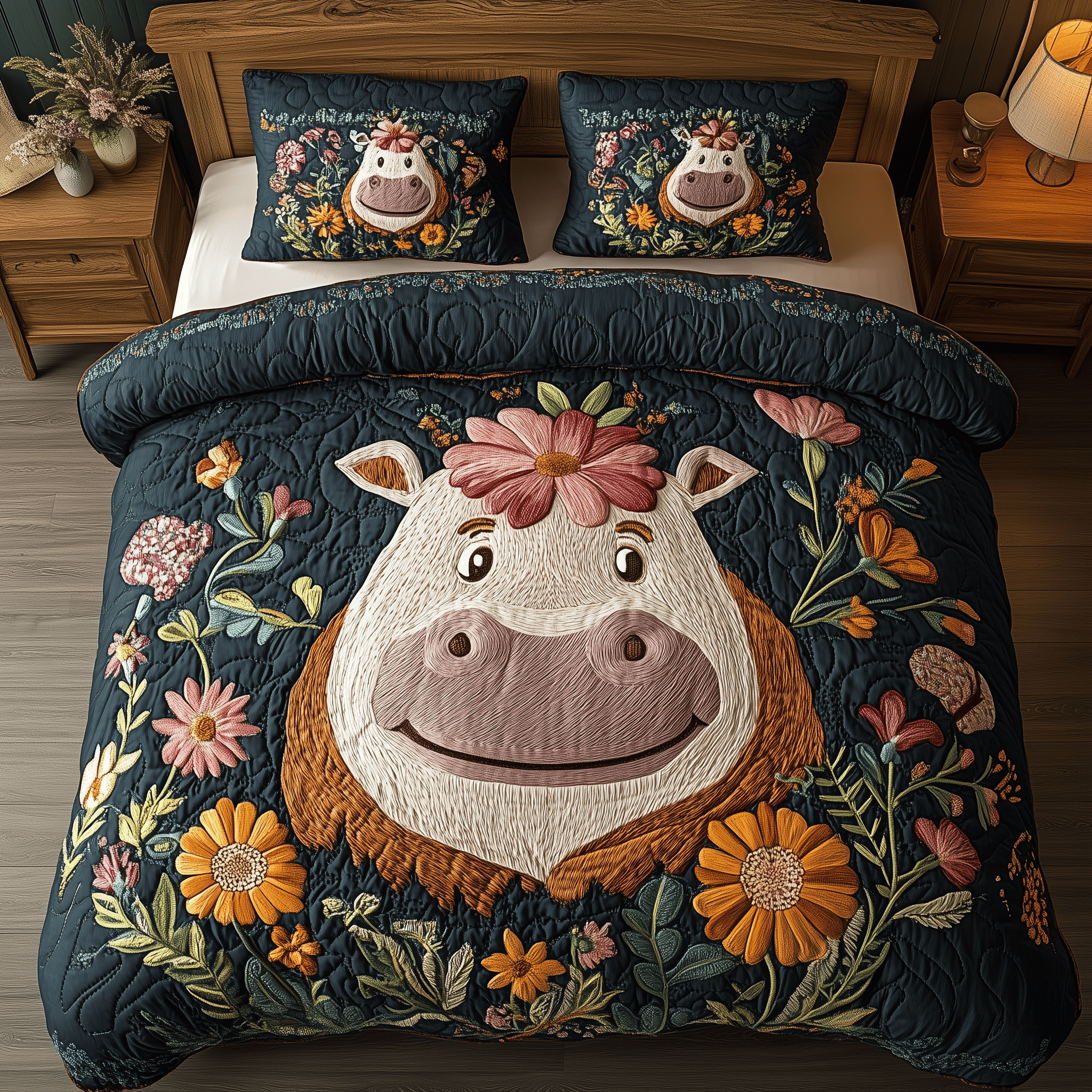 Happy Flower Hippo Quilted Bedding Set Unique Duvet Cover Bedspread Set Presents For Wife