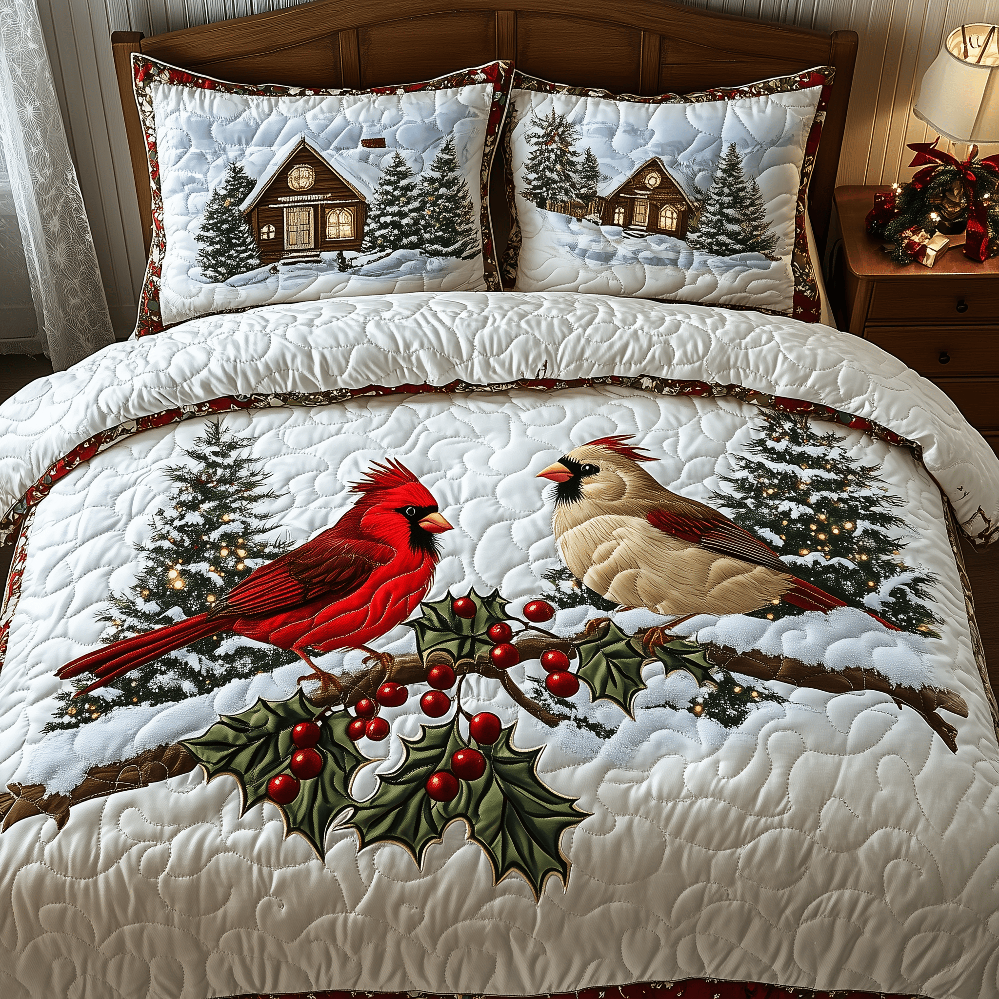 Harmony of Cardinals Quilted Bedding Set Good Valentine'S Duvet Cover Set Bird Lover Gifts For Her