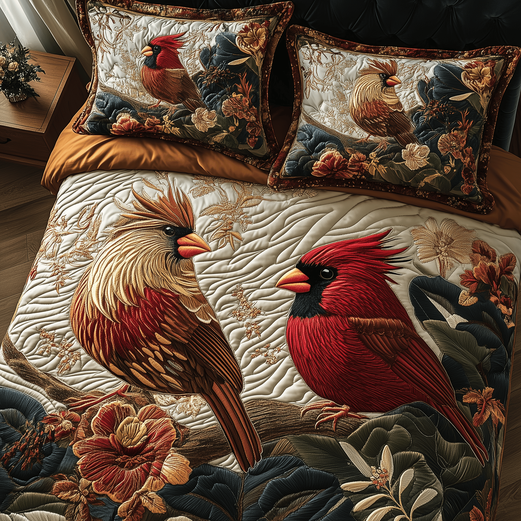 Harmony of Cardinals Quilted Bedding Set Good Valentine'S Duvet Cover Set Present For Adult Son