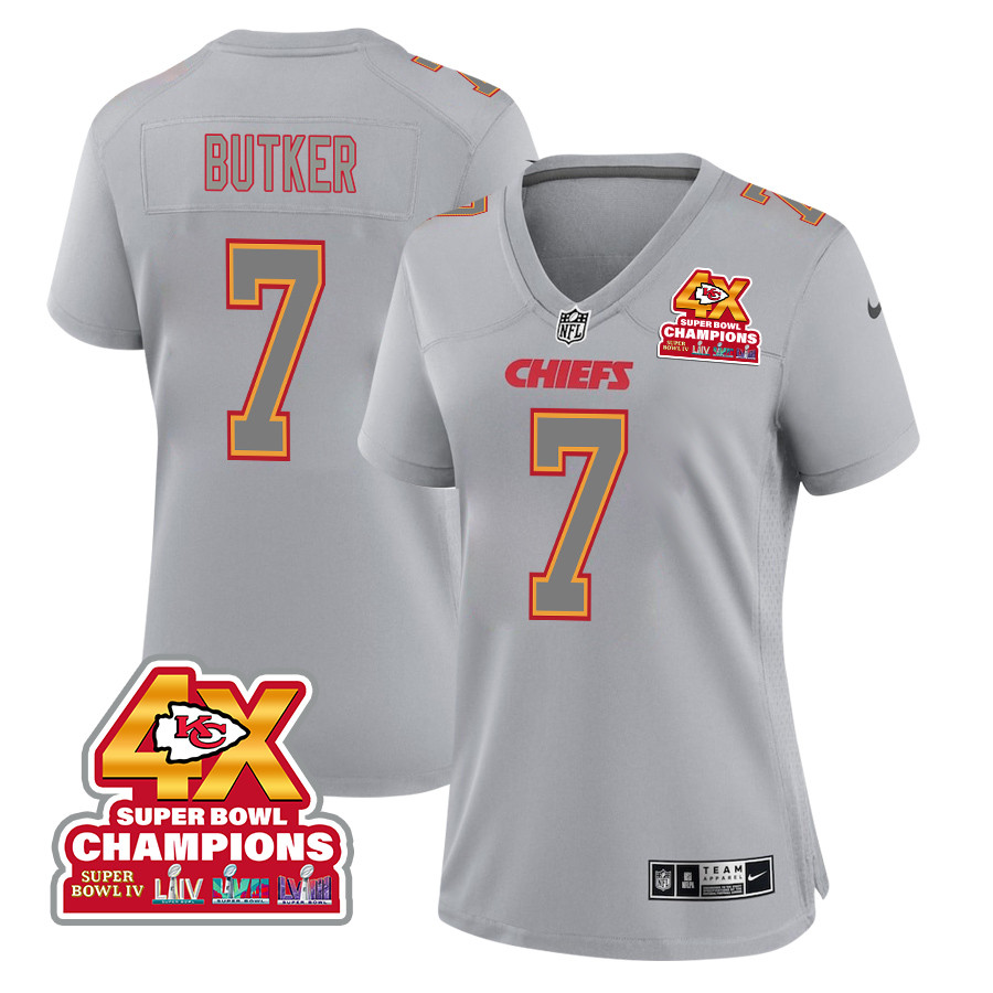 Harrison Butker 7 Kansas City Chiefs Super Bowl LVIII Champions 4X Atmosphere Fashion Game Women Jersey - Gray - JSDV461