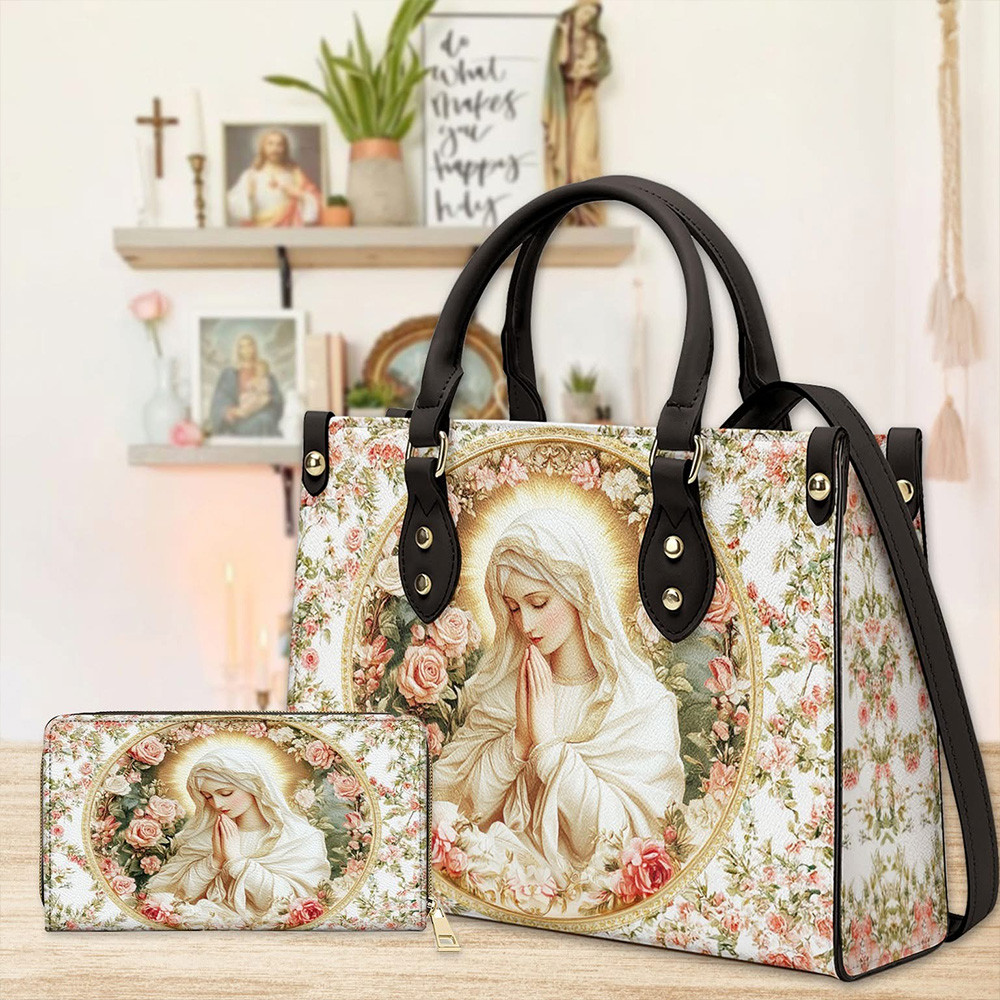 Heavenly Virgin Mary Leather Bag Floral Handbag Christian Gifts For Mom