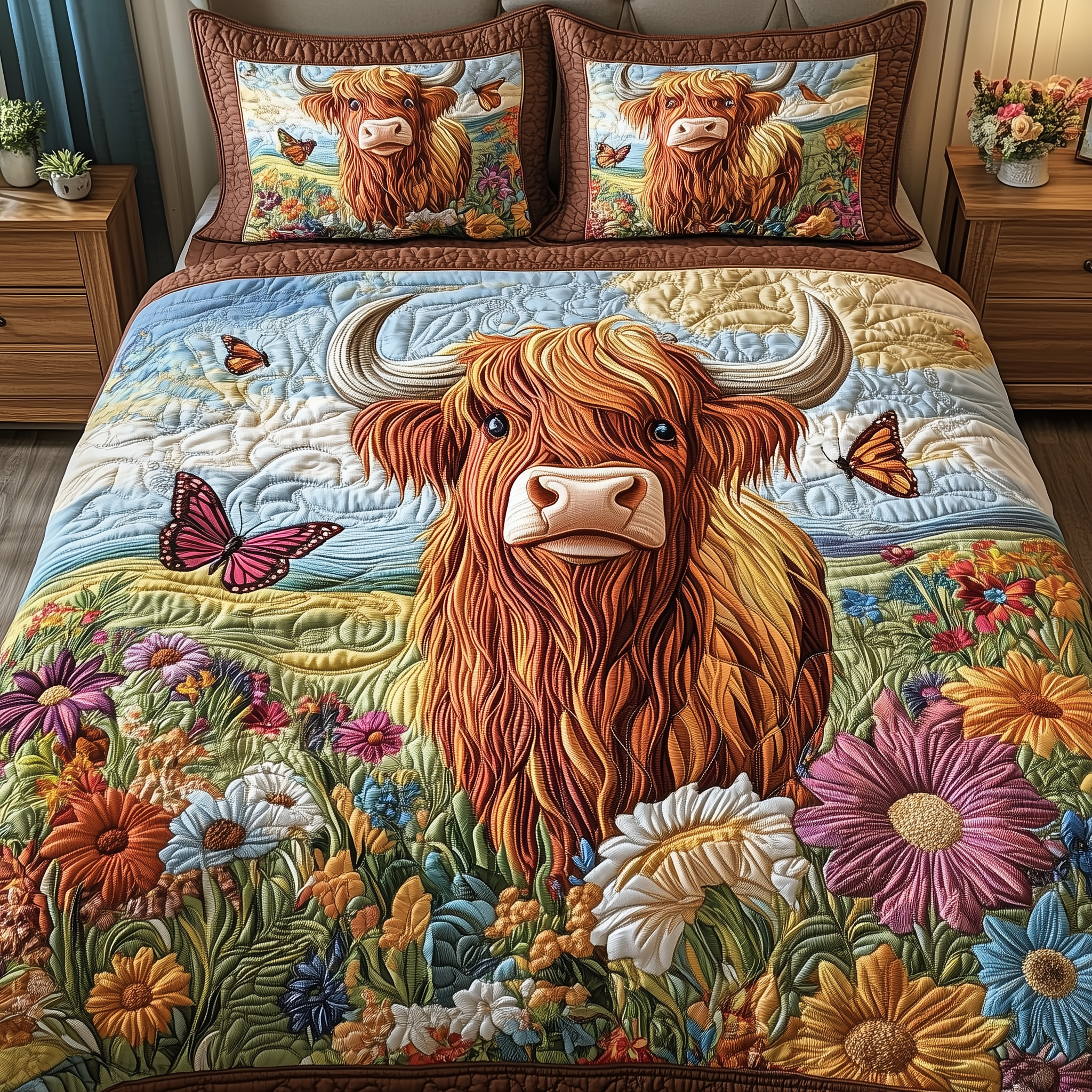 Highland Cow Quilted Bedding Set Best Father's Day Duvet Cover Set Cow Lover Gift