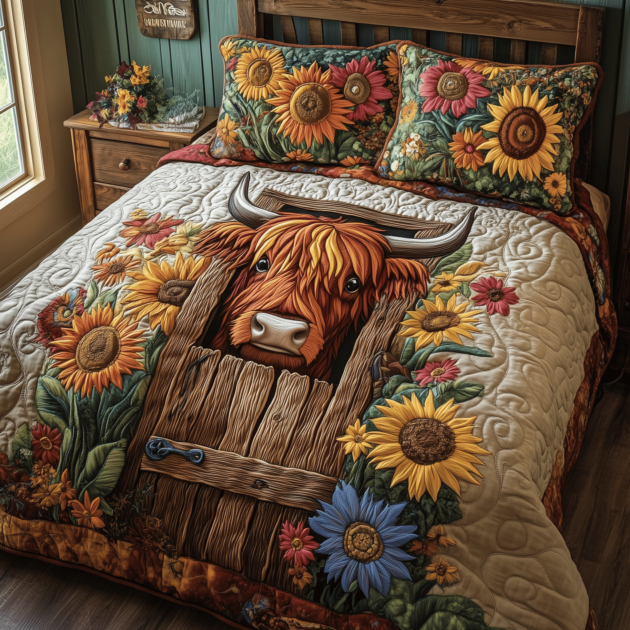 Highland Cow Quilted Bedding Set Best Father's Day Duvet Cover Set Cow Lover Gift Ideas