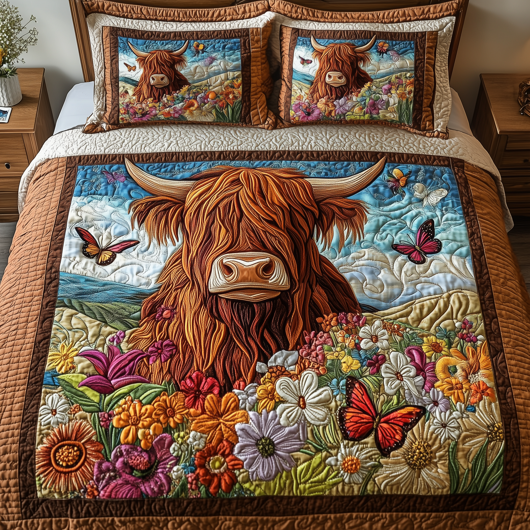Highland Cow Quilted Bedding Set Best Father's Day Duvet Cover Set Gift For Cow Lover