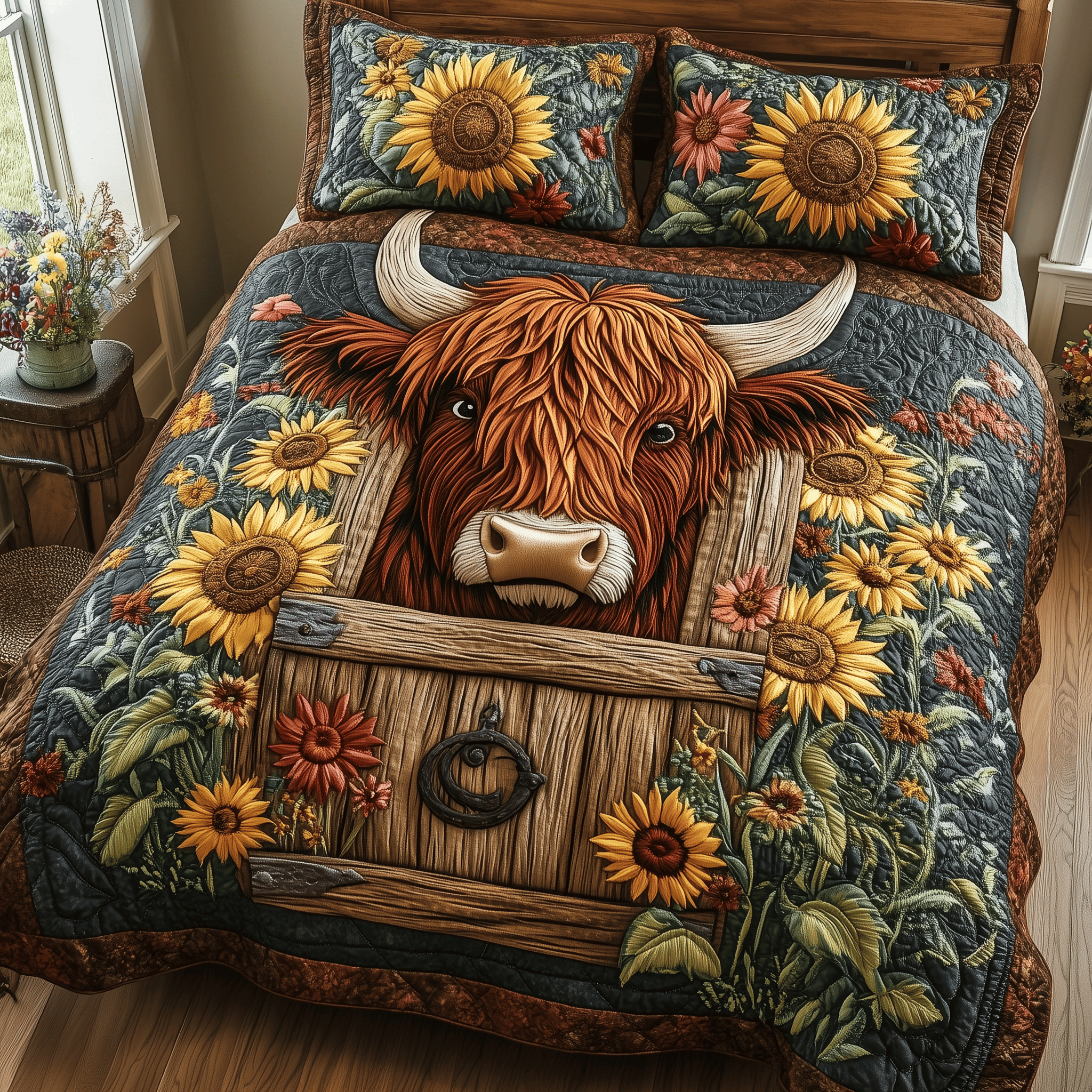 Highland Cow Quilted Bedding Set Best Father's Day Duvet Cover Set Unique Gifts For Cow Lovers