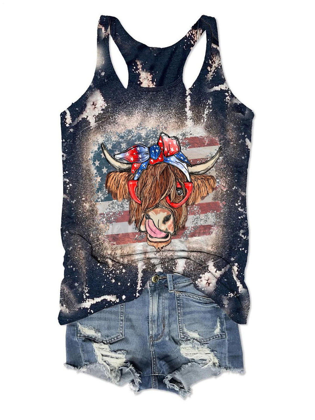 Highland Cow With 4th July Bandana Tank Top Perfect Gift For Girlfriend