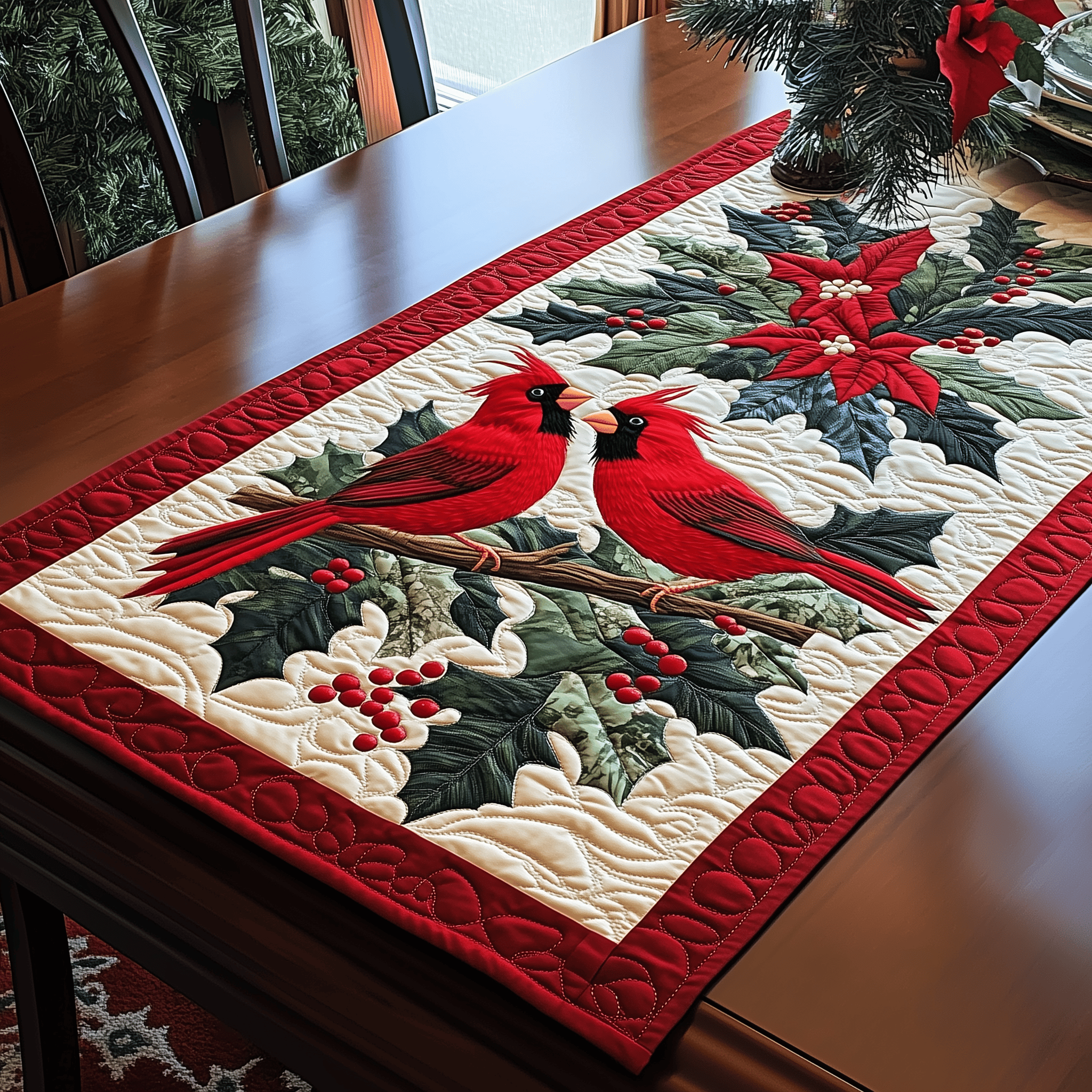 Holly Cardinal Quilted Table Runner A Beautiful Winter Accent