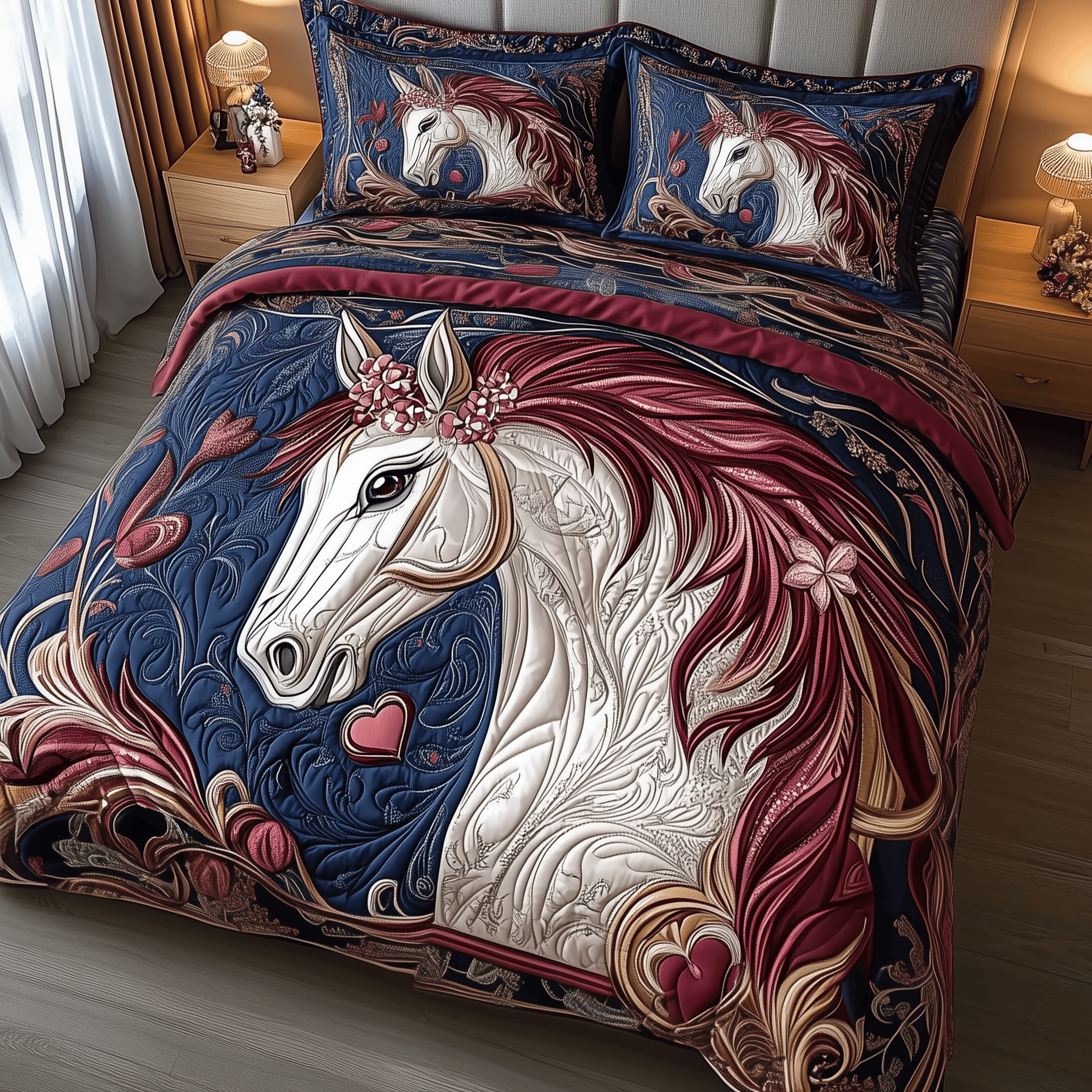 Horse Quilted Bedding Set Valentine'S Day Duvet Cover Set Best Gifts For Horse Lovers