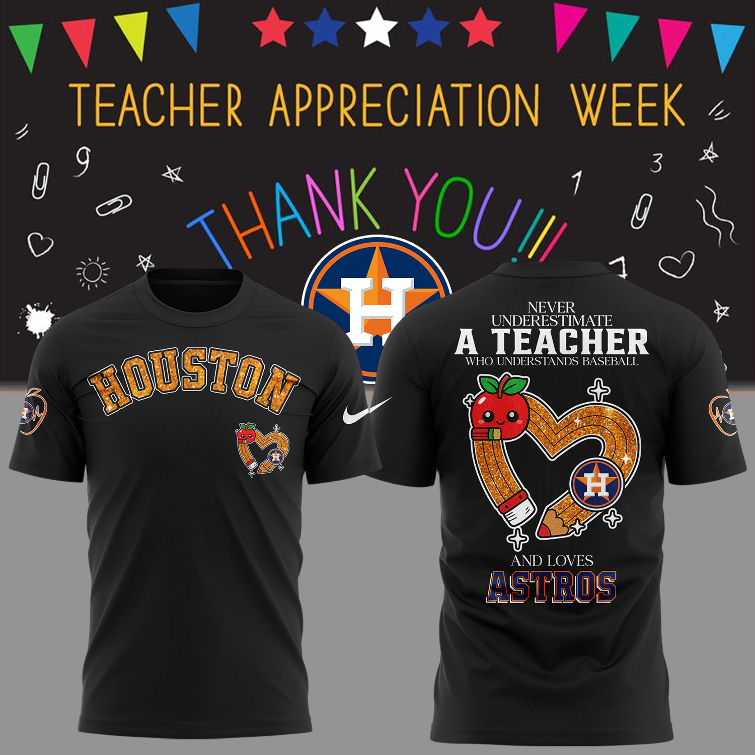 Houston Astros Baseball Teacher Appreciation Game Black Tshirt Gift For Teacher