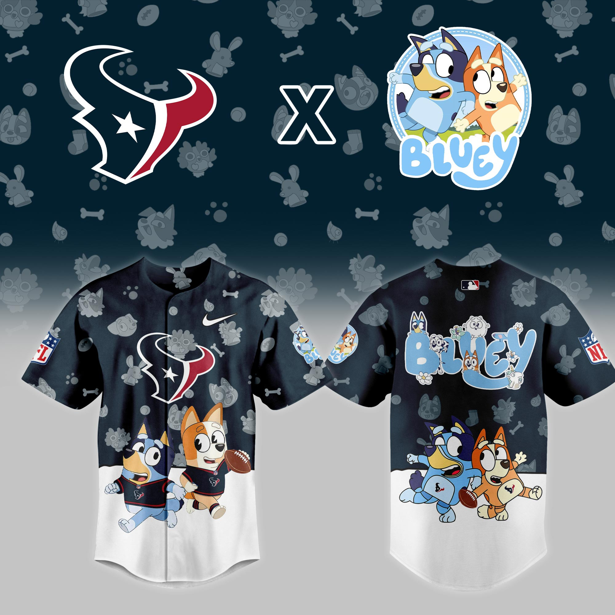 Houston Texans Nfl X Bluey Night Baseball Jersey For Fans