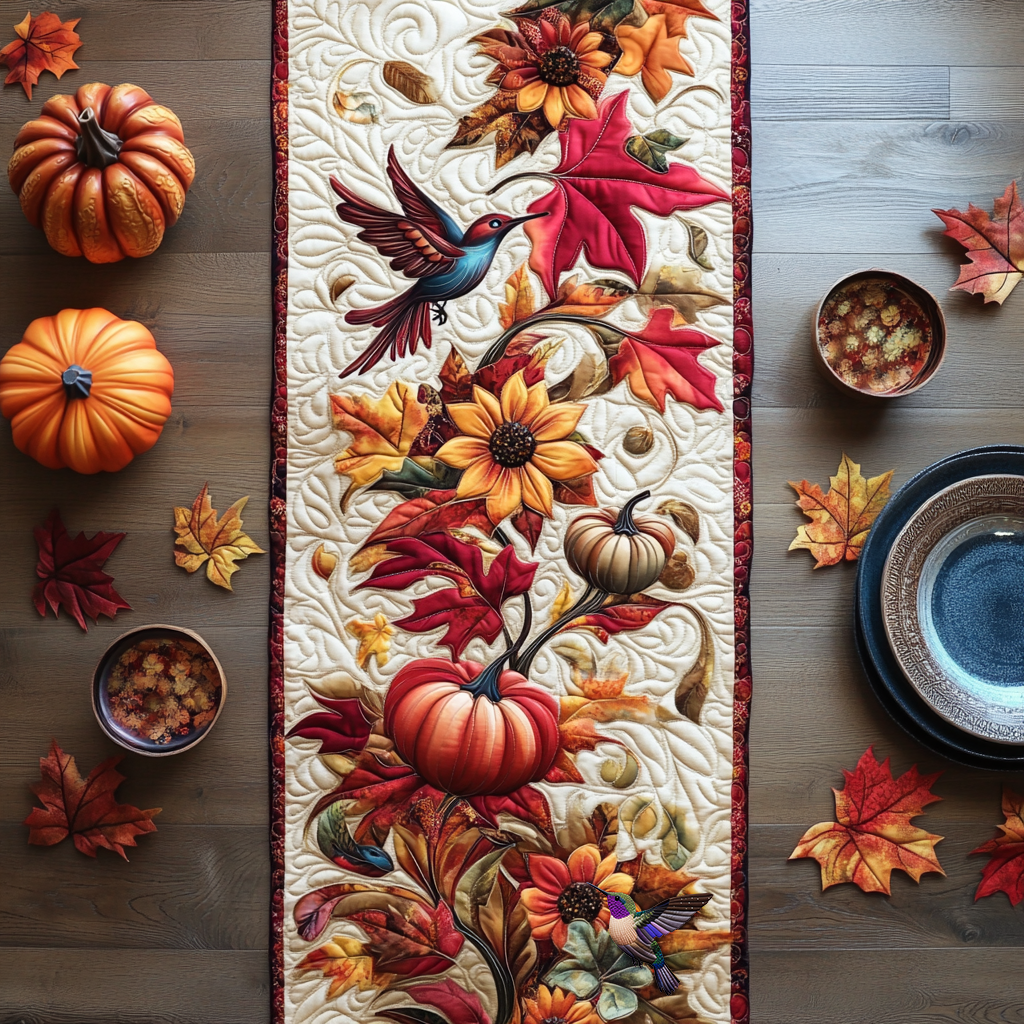 Hummingbird Among Pumpkins Quilted Table Runner Great Gifts For Hummingbird Lovers