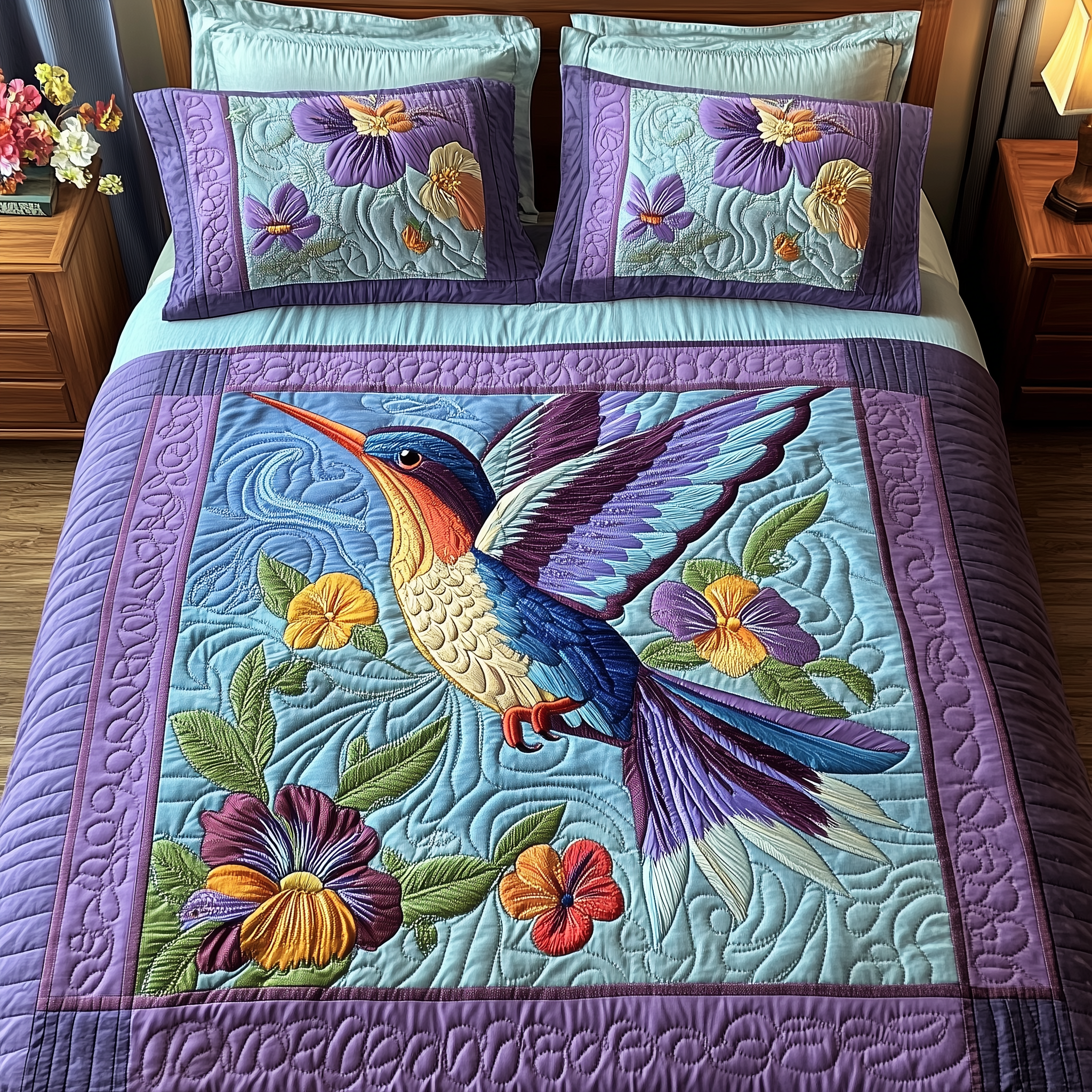 Hummingbird Bouquet Quilted Bedding Set Duvet Cover Bedspread Set Item Hummingbird Feeder Gift