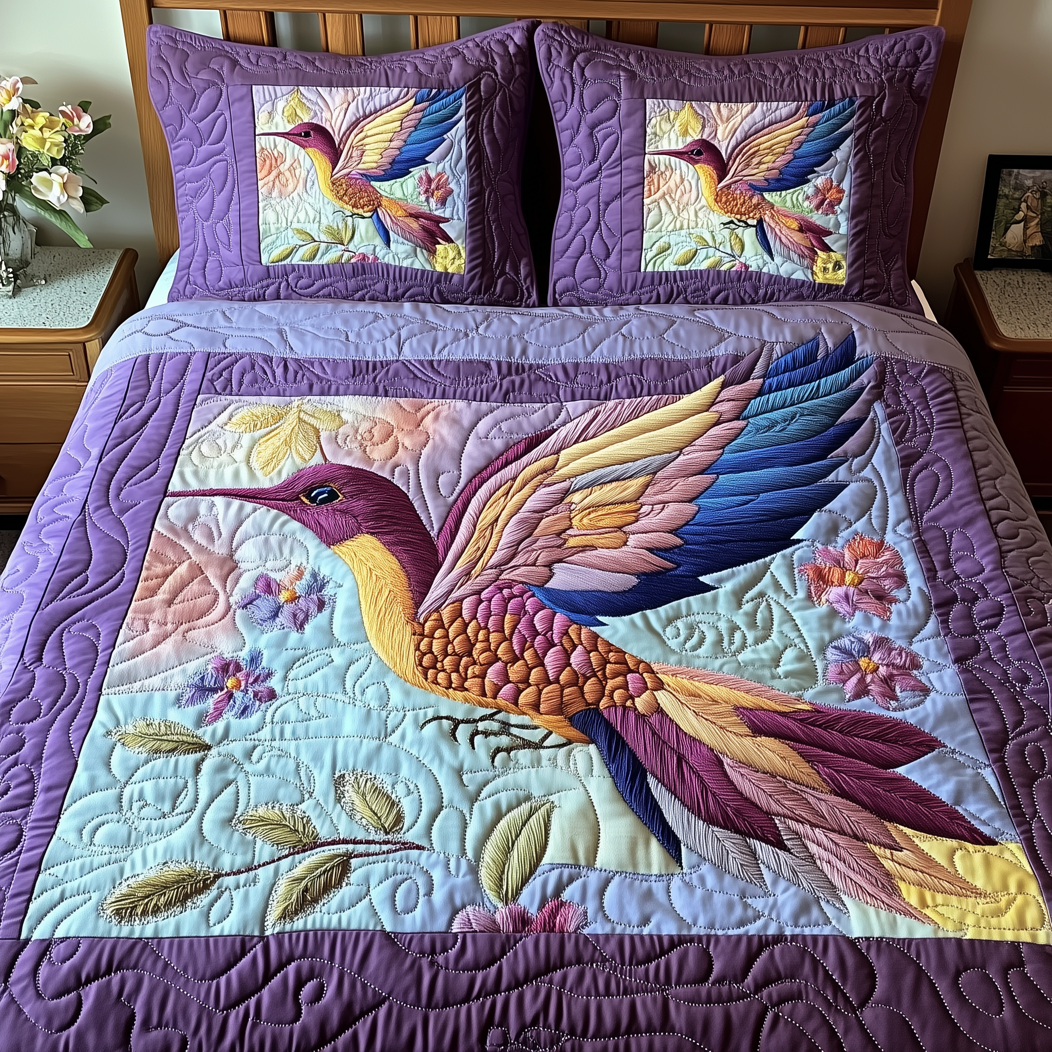 Hummingbird Bouquet Quilted Bedding Set Duvet Cover Bedspread Set Item Hummingbird Mother'S Day Gifts