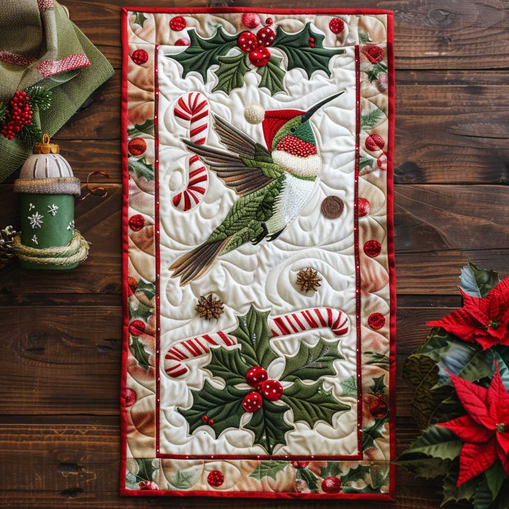 Hummingbird Candy Cane Christmas Quilted Table Runner Dining Christmas Themed Items Hummingbird Gifts