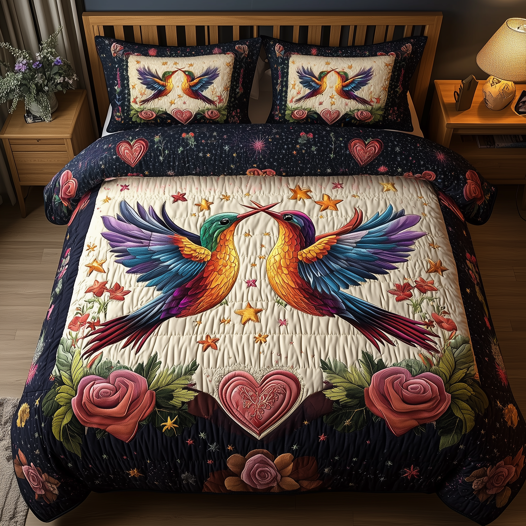 Hummingbird Heartstrings Quilted Bedding Set Best Duvet Cover Bedspread Set Hummingbird Mother'S Day Gifts