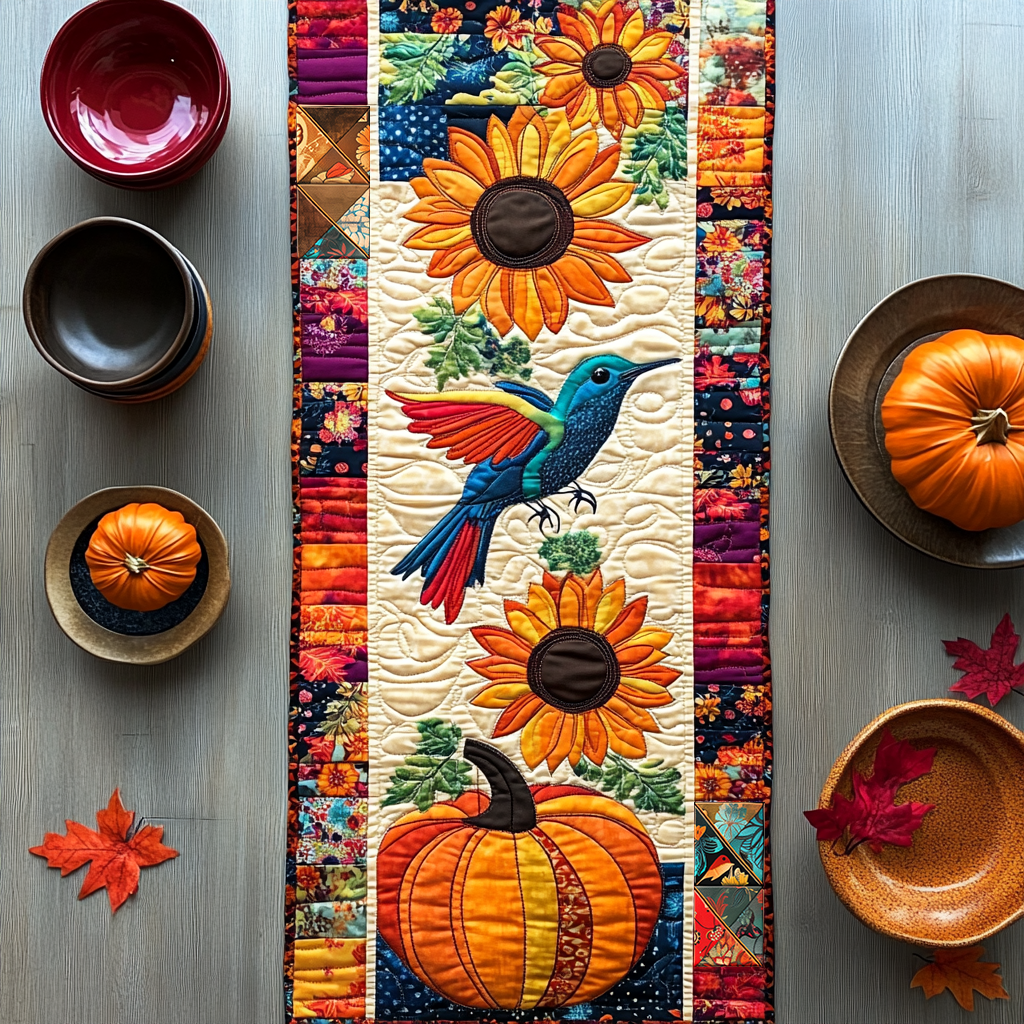 Hummingbird Pumpkin Patch Quilted Table Runner Great Gifts For Hummingbird Lovers