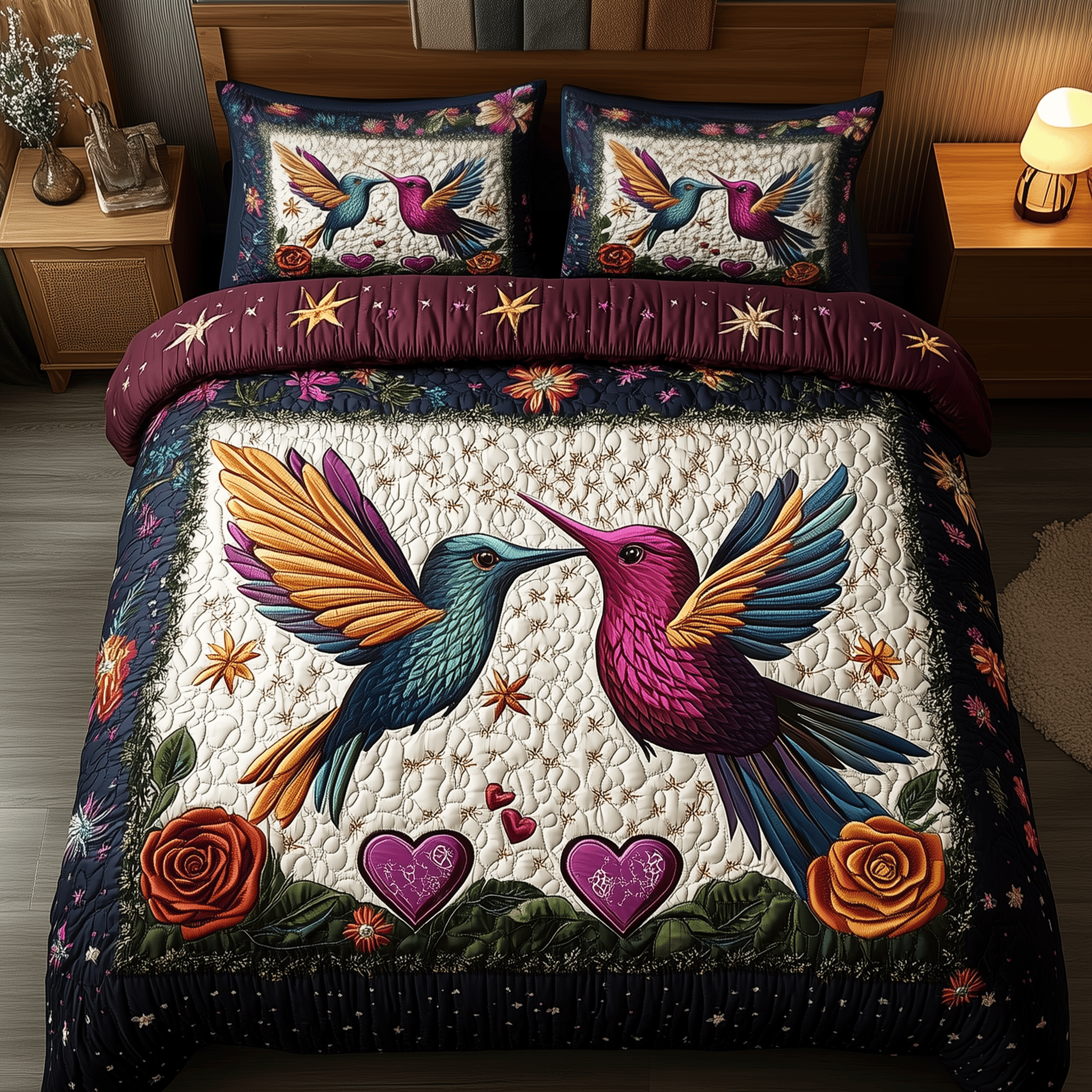 Hummingbird Rose Symphony Quilted Bedding Set Best Duvet Cover Bedspread Set Hummingbird Gifts For Grandma