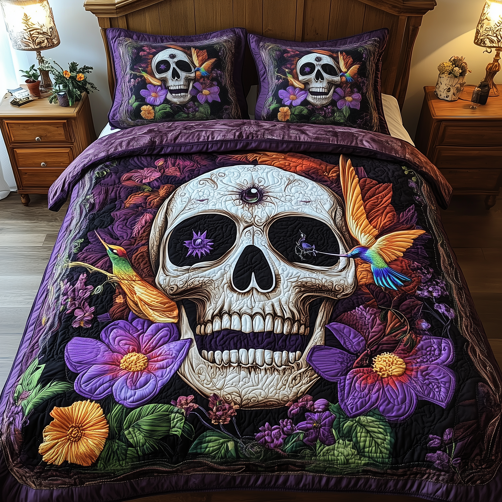 Hummingbird Skull Quilted Bedding Set Valentine's Day Duvet Cover Gifts For People Who Like Skulls
