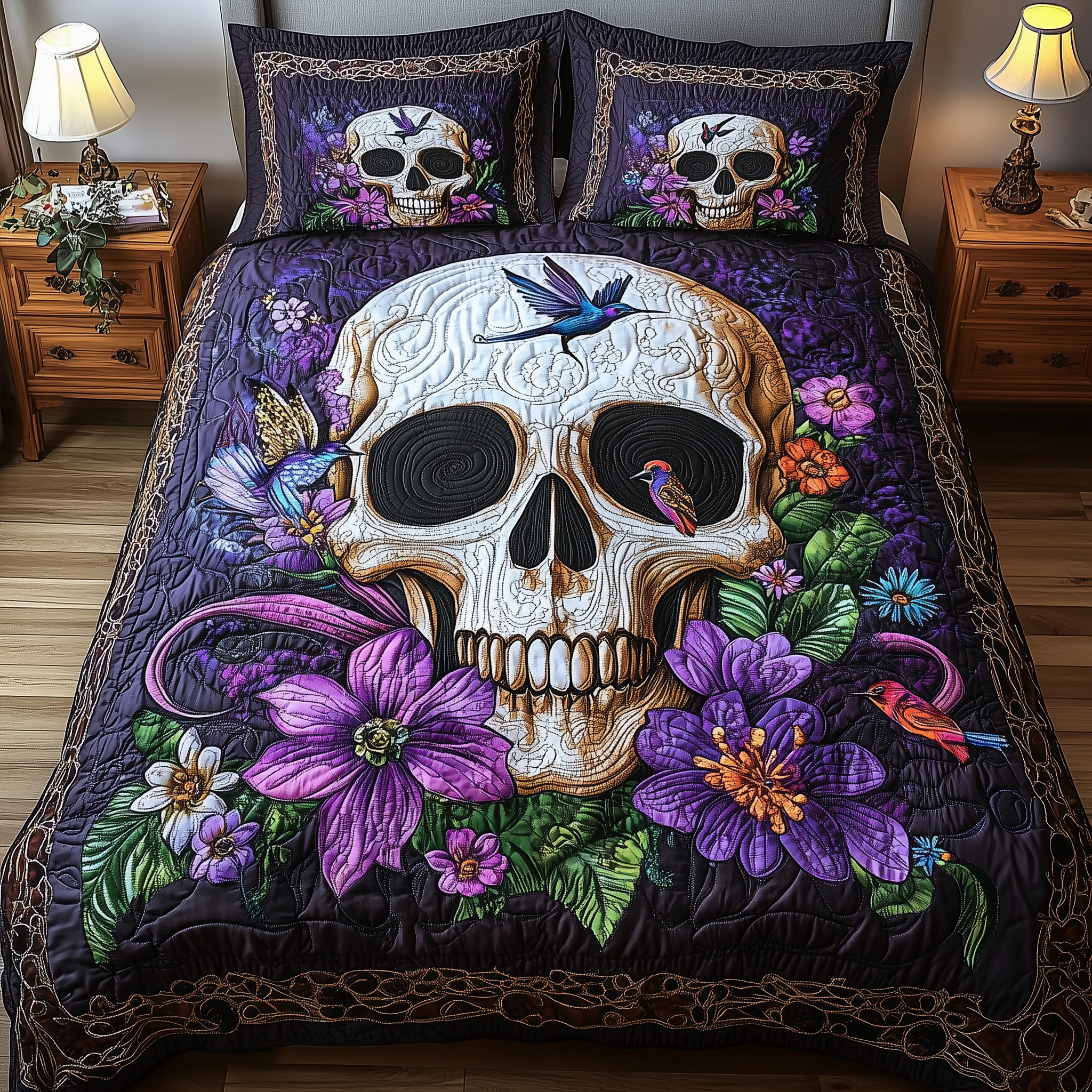 Hummingbird Skull Quilted Bedding Set Valentine's Day Duvet Cover Skull Birthday Presents