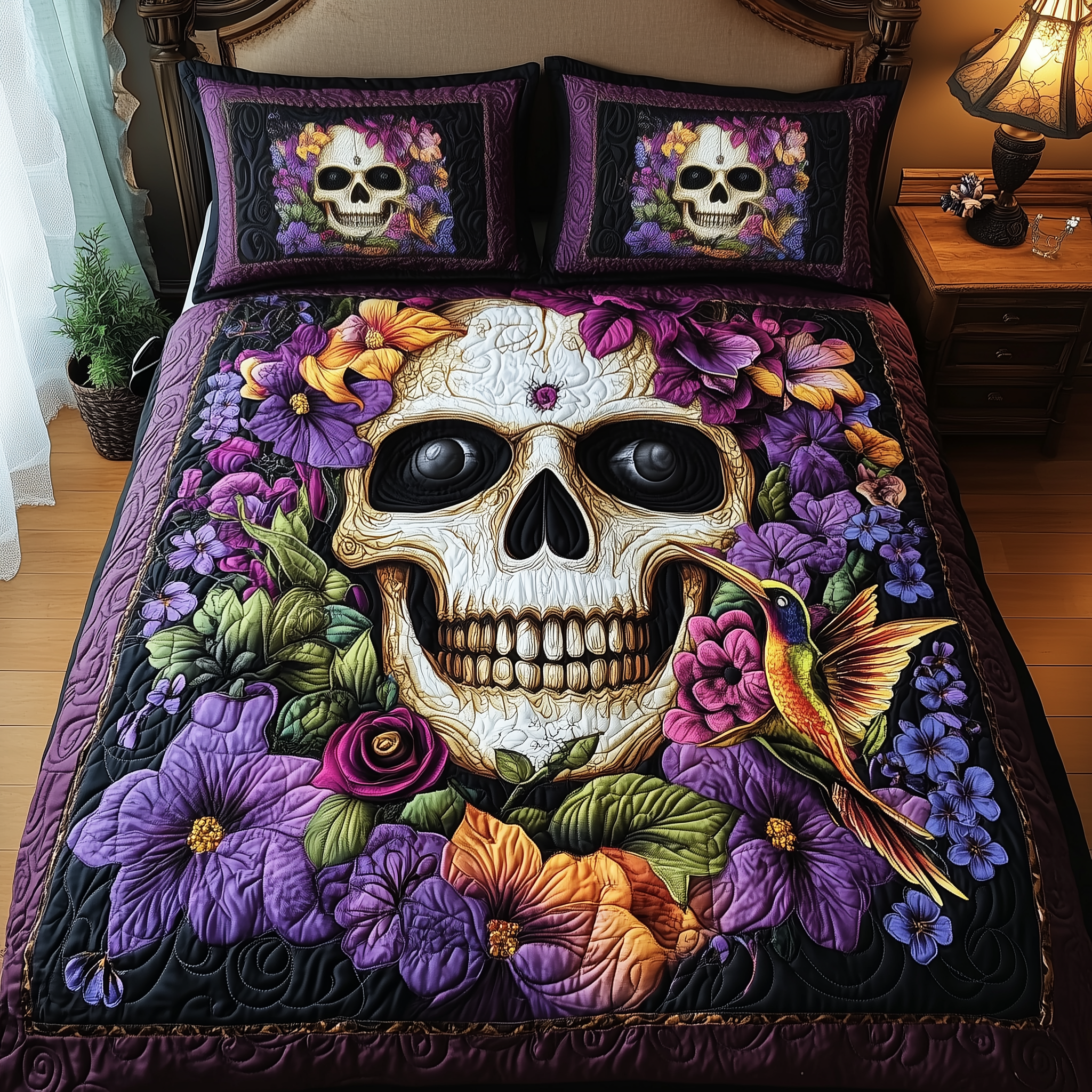 Hummingbird Skull Quilted Bedding Set Valentine's Day Duvet Cover Skull Gifts For Dad