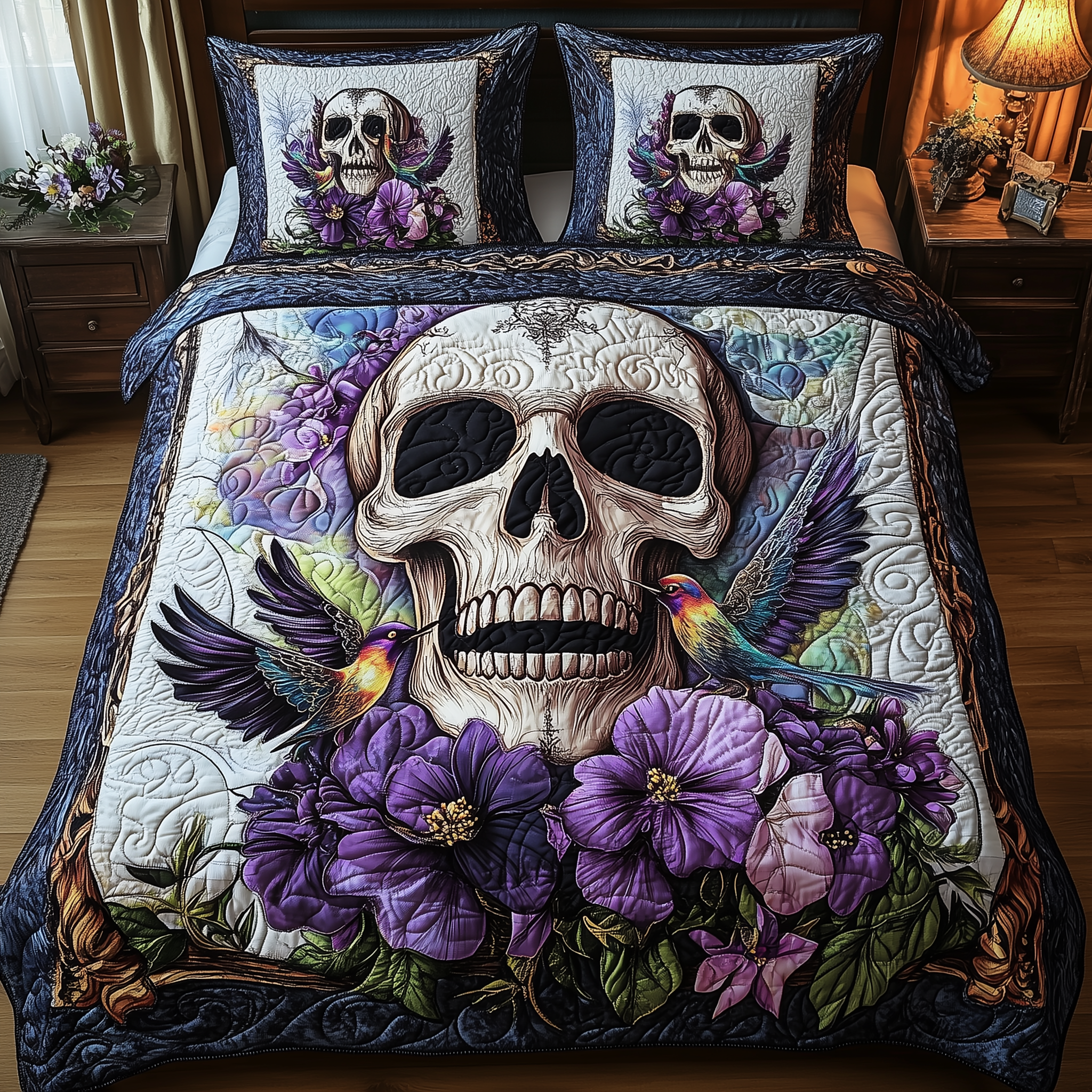 Hummingbird Skull Quilted Bedding Set Valentine's Day Duvet Cover Skull Gifts For Women