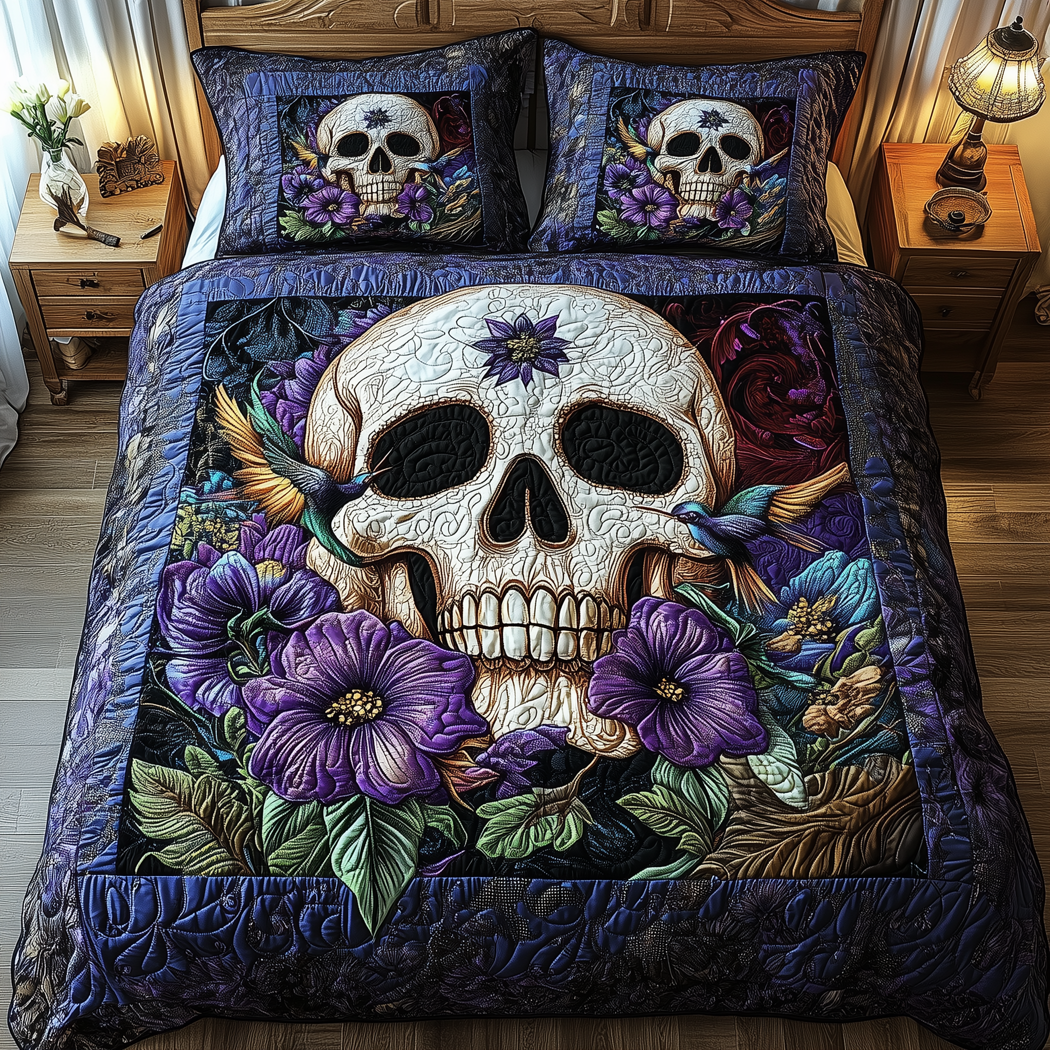 Hummingbird Skull Quilted Bedding Set Valentine's Day Duvet Cover Skull Stuff For Guys