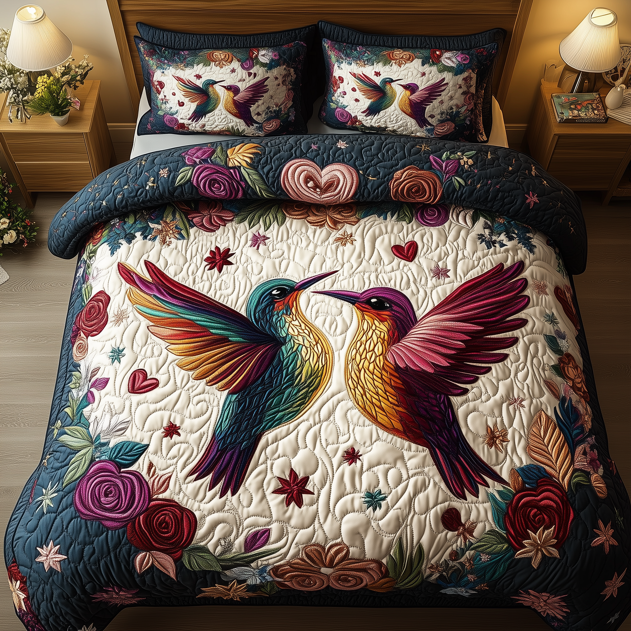 Hummingbird Valentine Dance Quilted Bedding Set Best Duvet Cover Bedspread Set Hummingbird Themed Gifts