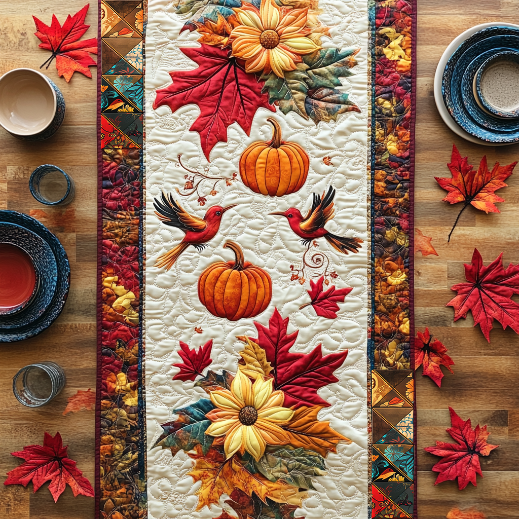 Hummingbird's Fall Foliage Quilted Table Runner Dining Christmas Themed Items Hummingbird Gifts