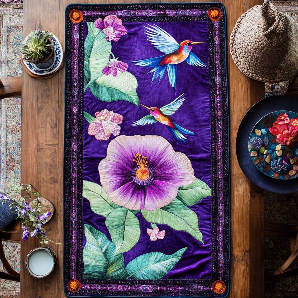 Hummingbird's Purple Haven Quilted Table Runner Merchandise Hummingbird Gifts For Women