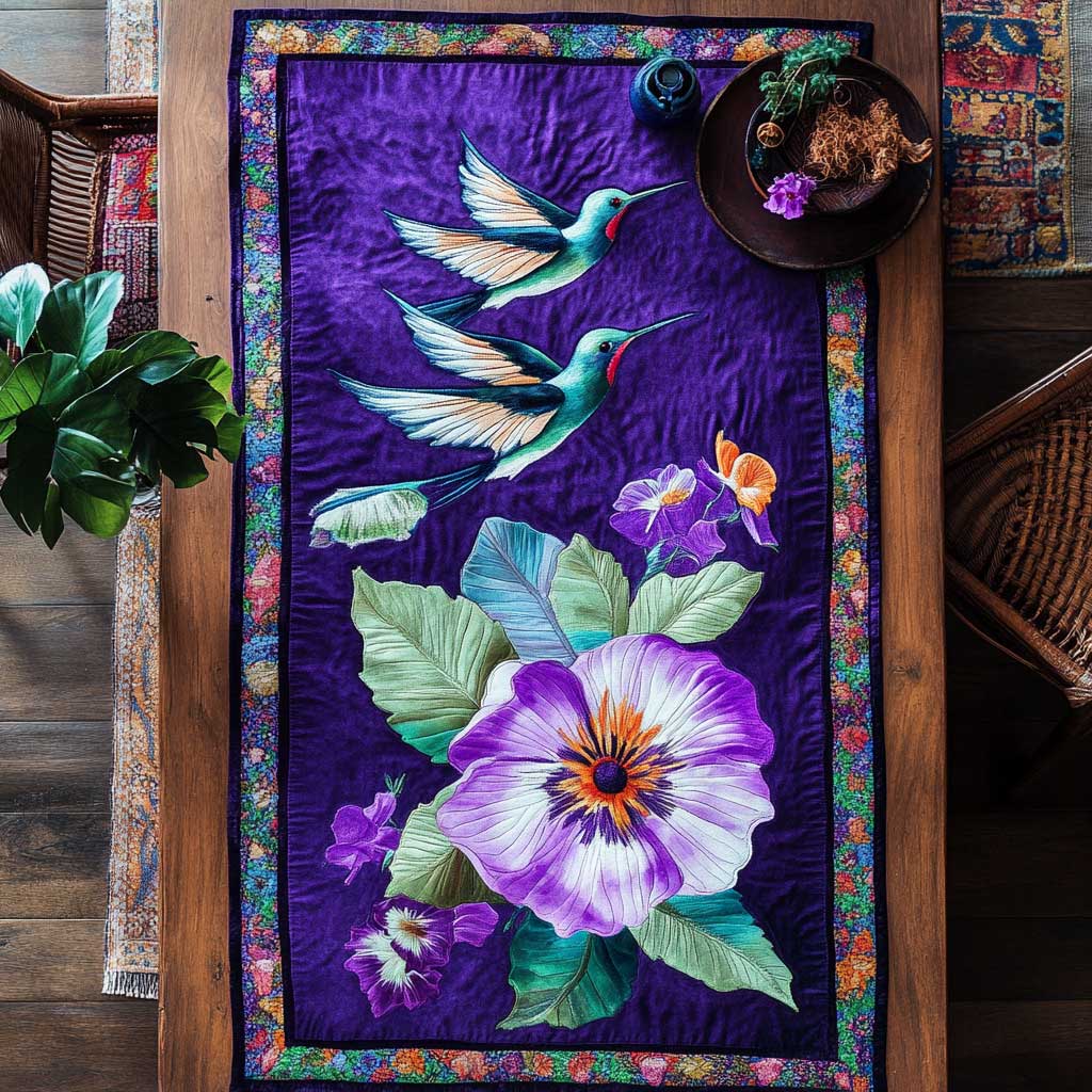 Hummingbird's Violet Blossom Quilted Table Runner Decorations Christmas Hummingbird Gifts For Her