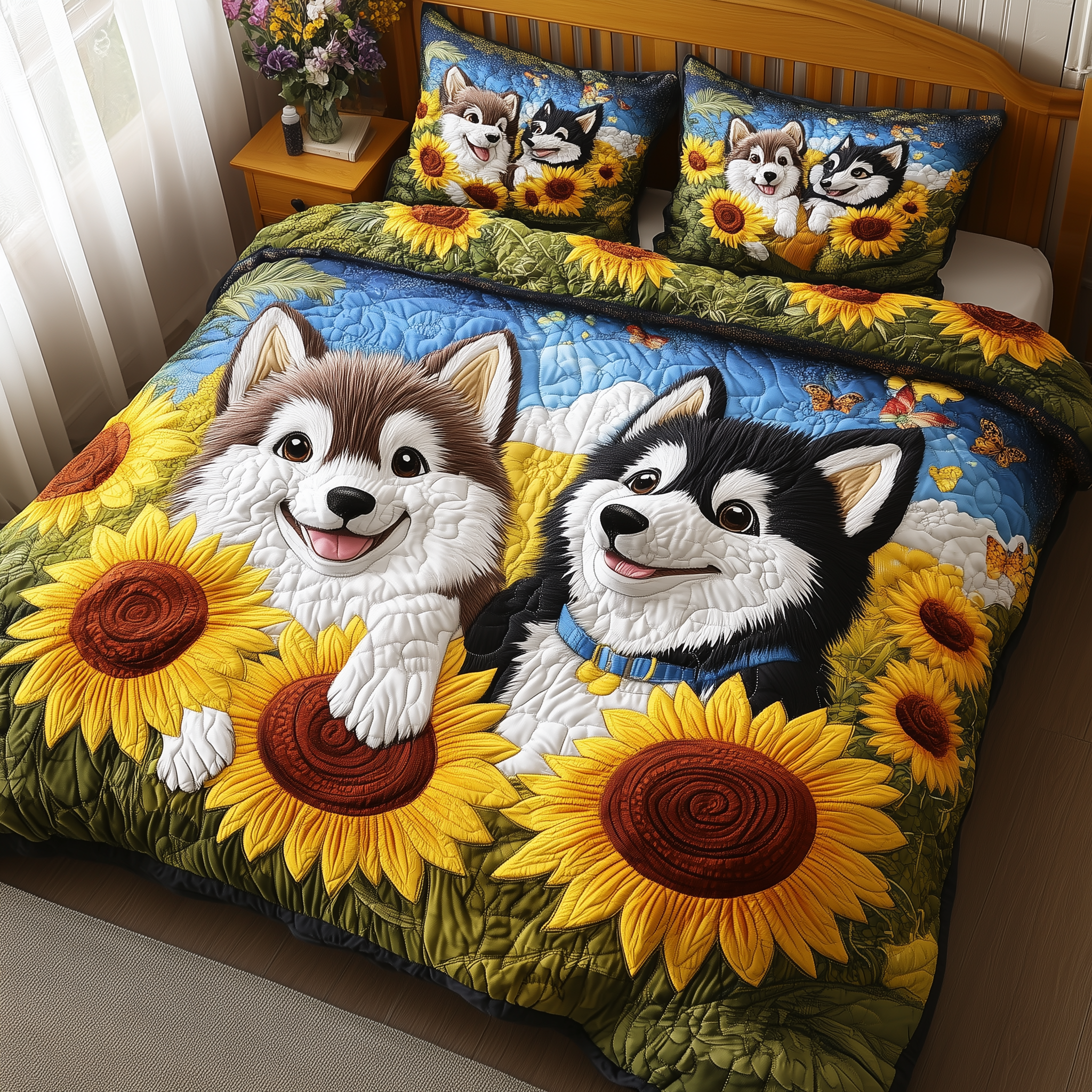 Husky Bloom Haven Quilted Bedding Set Duvet Cover Bedspread Set Merch Gifts For Older Sons
