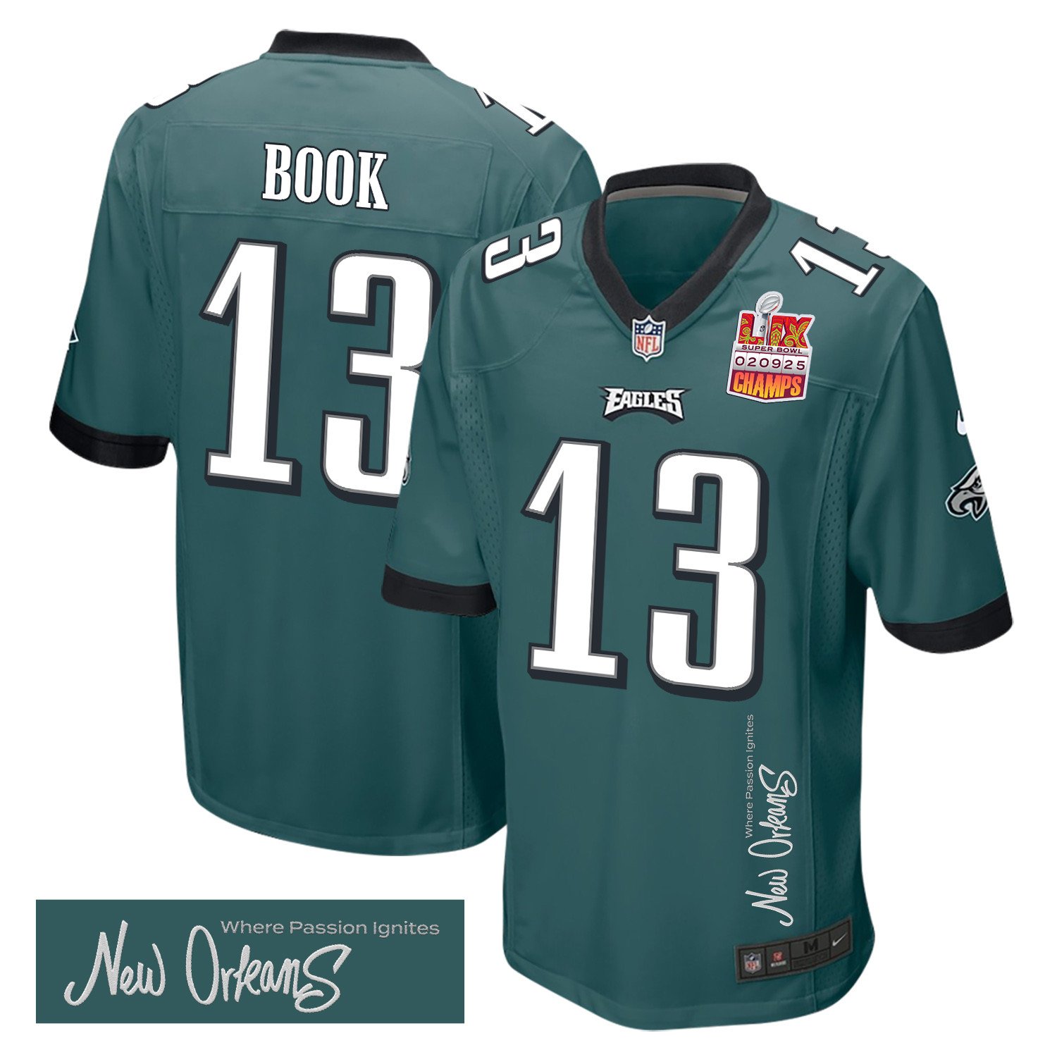 Ian Book 13 Philadelphia Eagles Super Bowl LIX Champions Patch 'New Orleans - Where Passion Ignites' EMBROIDERED Game Men Jersey - Midnight Green - JS997