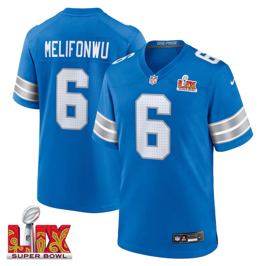 Ifeatu Melifonwu #6 Detroit Lions Super Bowl LIX Jersey - Men's - Blue - JS962