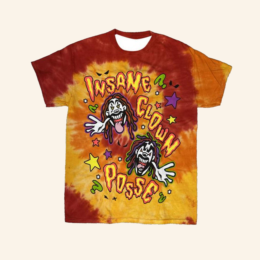 Insane Clown Posse Merch Cartoon Clowns T-Shirt In Tie Dye Red And Orange Shirt