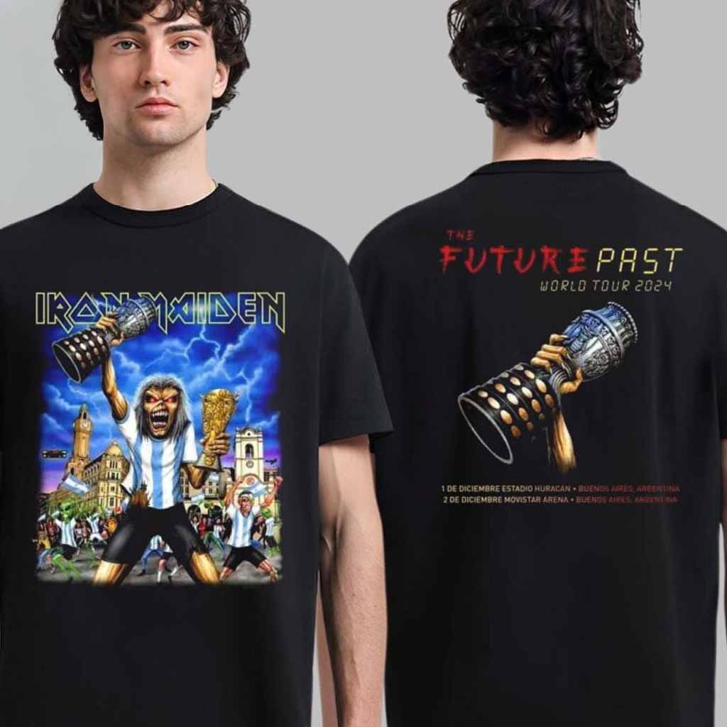 Iron Maiden The Future Past World Tour 2024 Argentina The National Football Player Eddie Holding Copa America And World Cup Trophy In Buanos Aires On December 1 And 2 T-Shirt Fan Merch